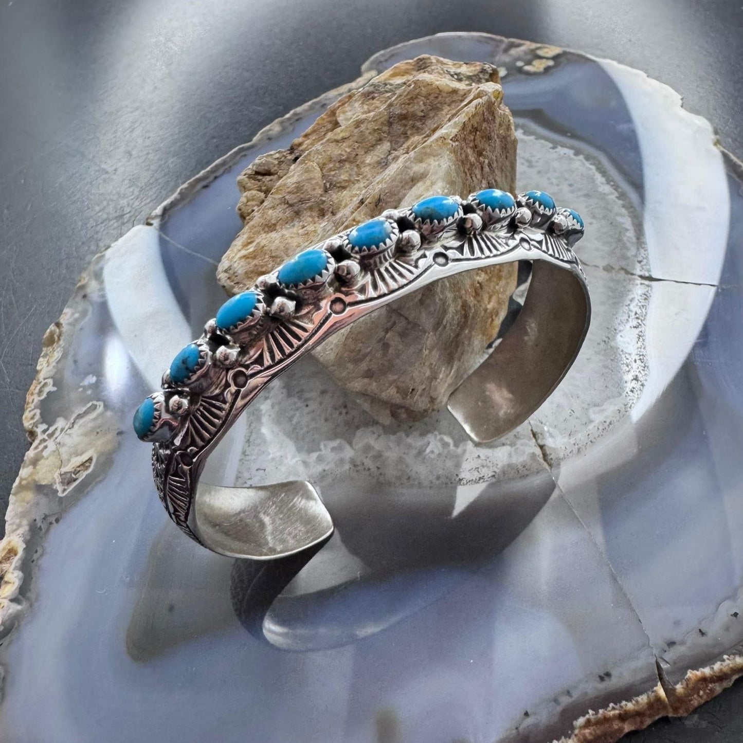 Grace Silver Native American Sterling Single Row 9 Oval Kingman Turquoise Bracelet For Women