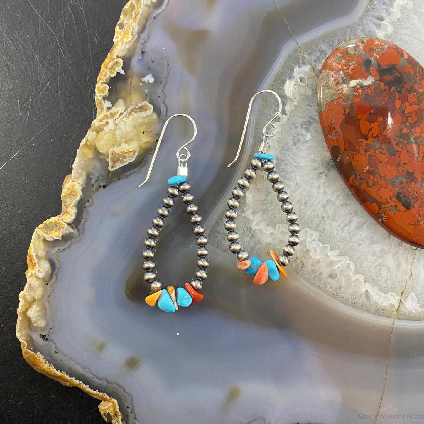 Navajo Pearl, Coral & Turquoise Beads 3mm Sterling Teardrop Dangle Earrings