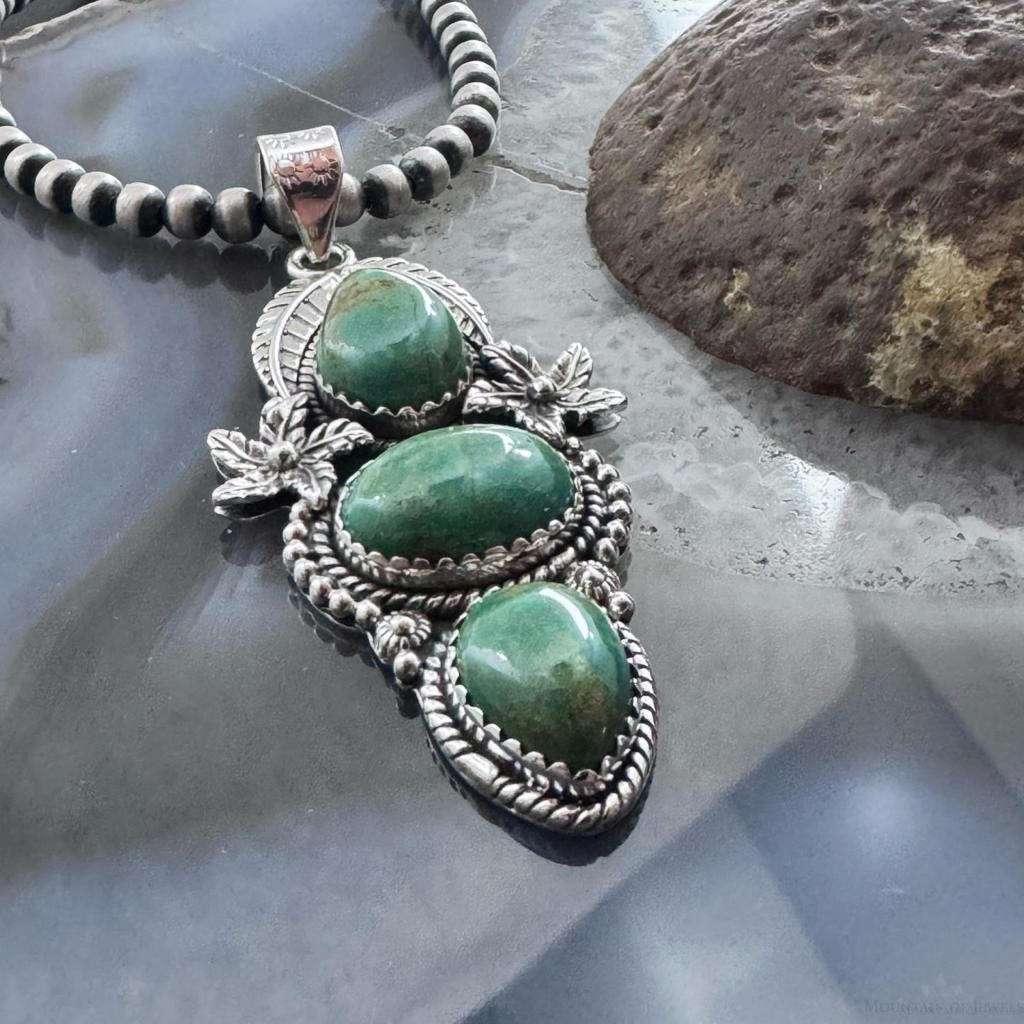 Sterling Silver Southwestern Style Triple Turquoise Decorated Pendant For Women