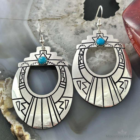 Tommy & Rosita Singer Sterling Silver Dot Turquoise Engraved Dangle Earrings For Women