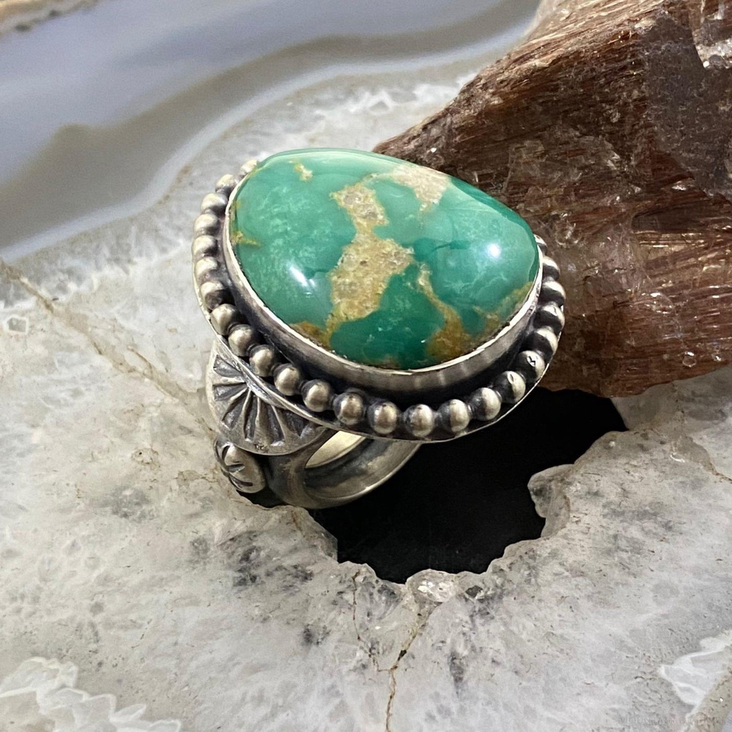 Native American Sterling Silver Turquoise Decorated Ring Size 8 For Women