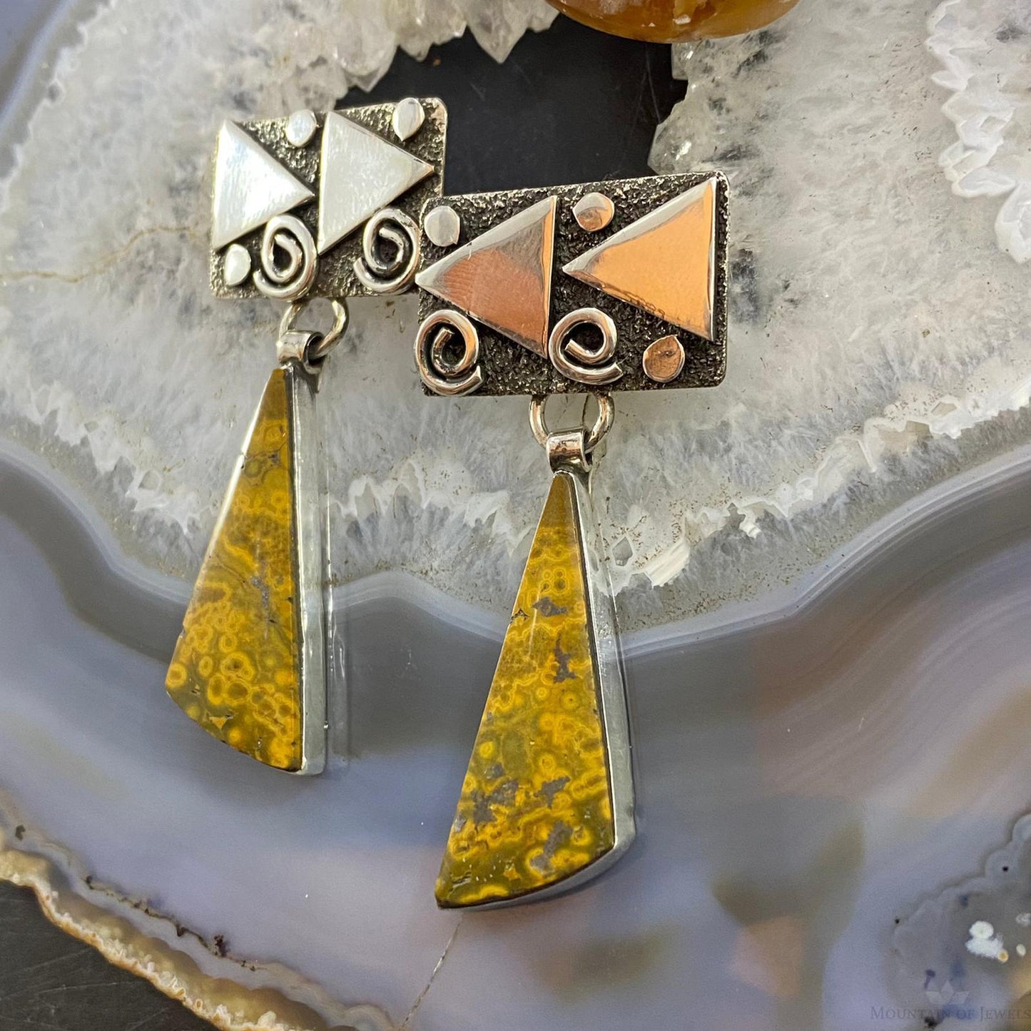 Alex Sanchez Native American Sterling Silver River Jasper Petroglyph Dangle Earrings For Women