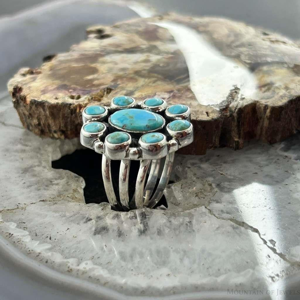 Sterling Silver Southwestern Style Mohave Turquoise Cluster Ring Size 7.5 For Women