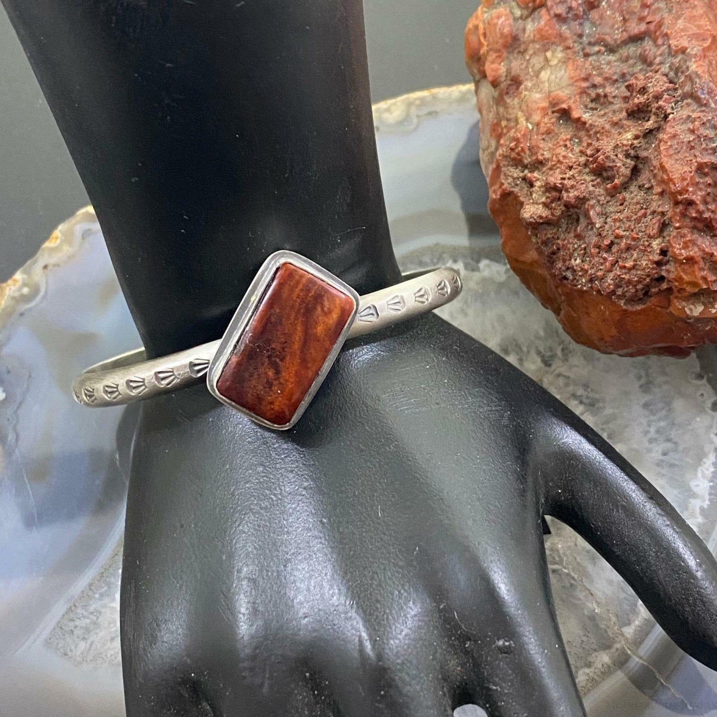 Native American Sterling Silver Rectangle Spiny Oyster Slim Bracelet For Women
