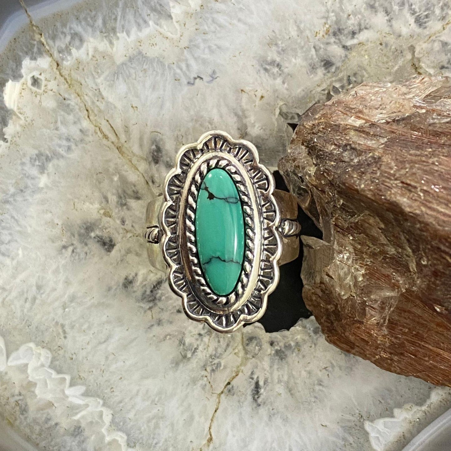Carolyn Pollack Southwestern Style Sterling Silver Elongated Oval Turquoise Decorated Ring For Women