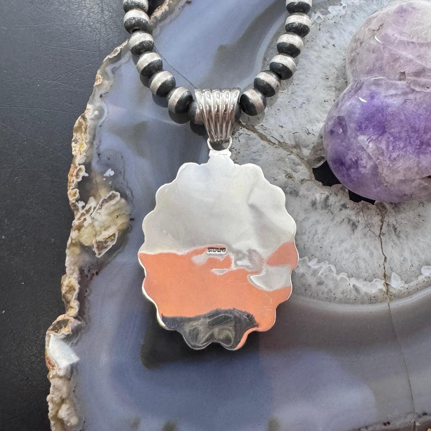 Native American Sterling Silver Wampum & Phosphosiderite Cluster Pendant For Women