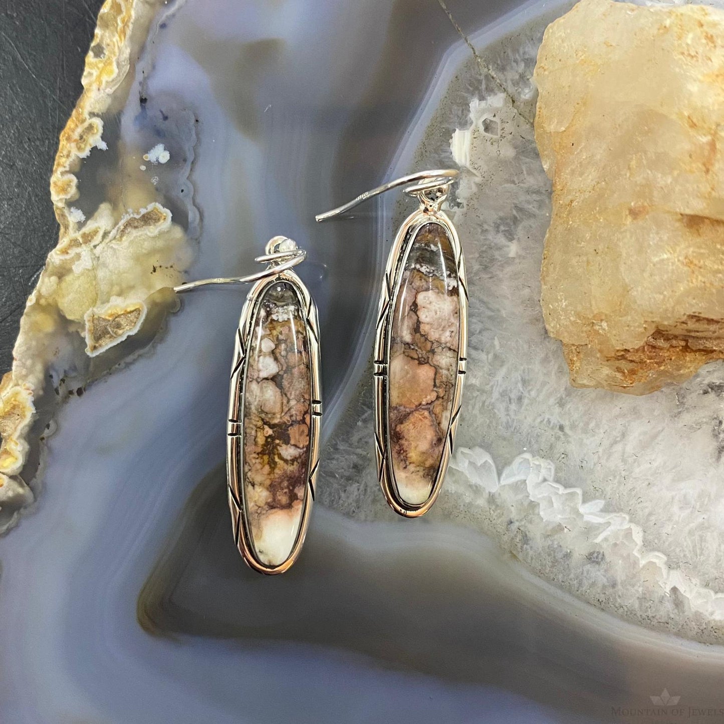 Native American Sterling Silver Marquise Wild Horse Dangle Earrings For Women