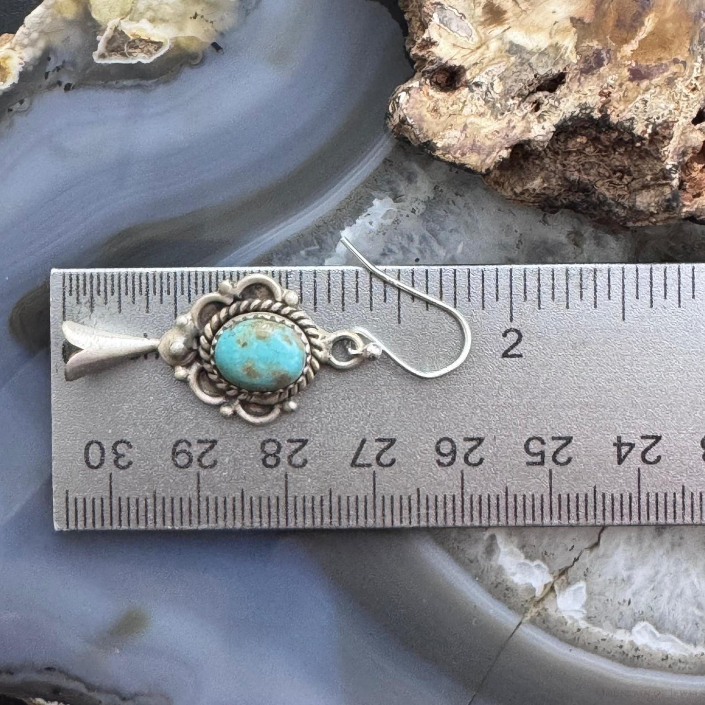 Sterling Silver Southwestern Style Turquoise Squash Blossom Decorated Dangle Earrings For Women