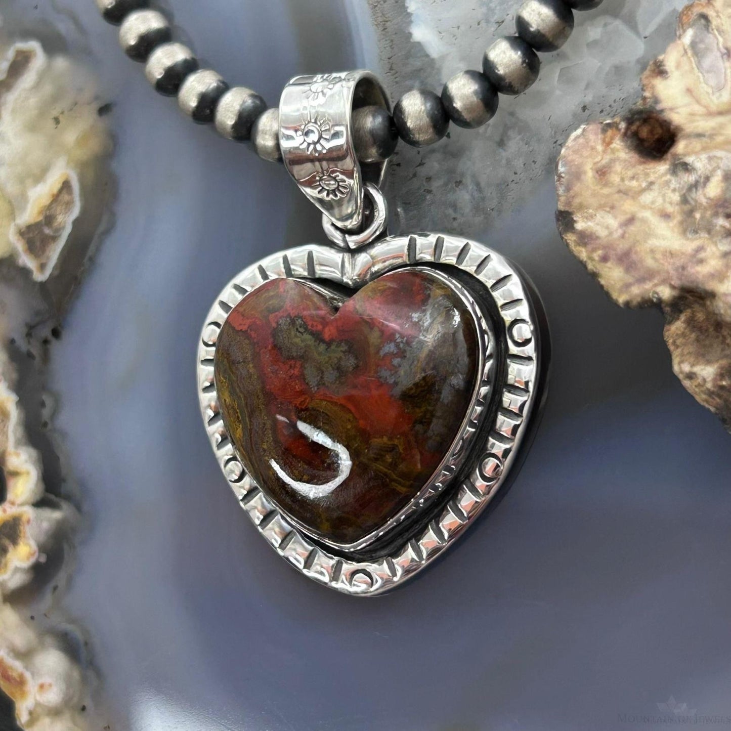 Sterling Silver Southwestern Style Sean Agate Heart Decorated Pendant For Women