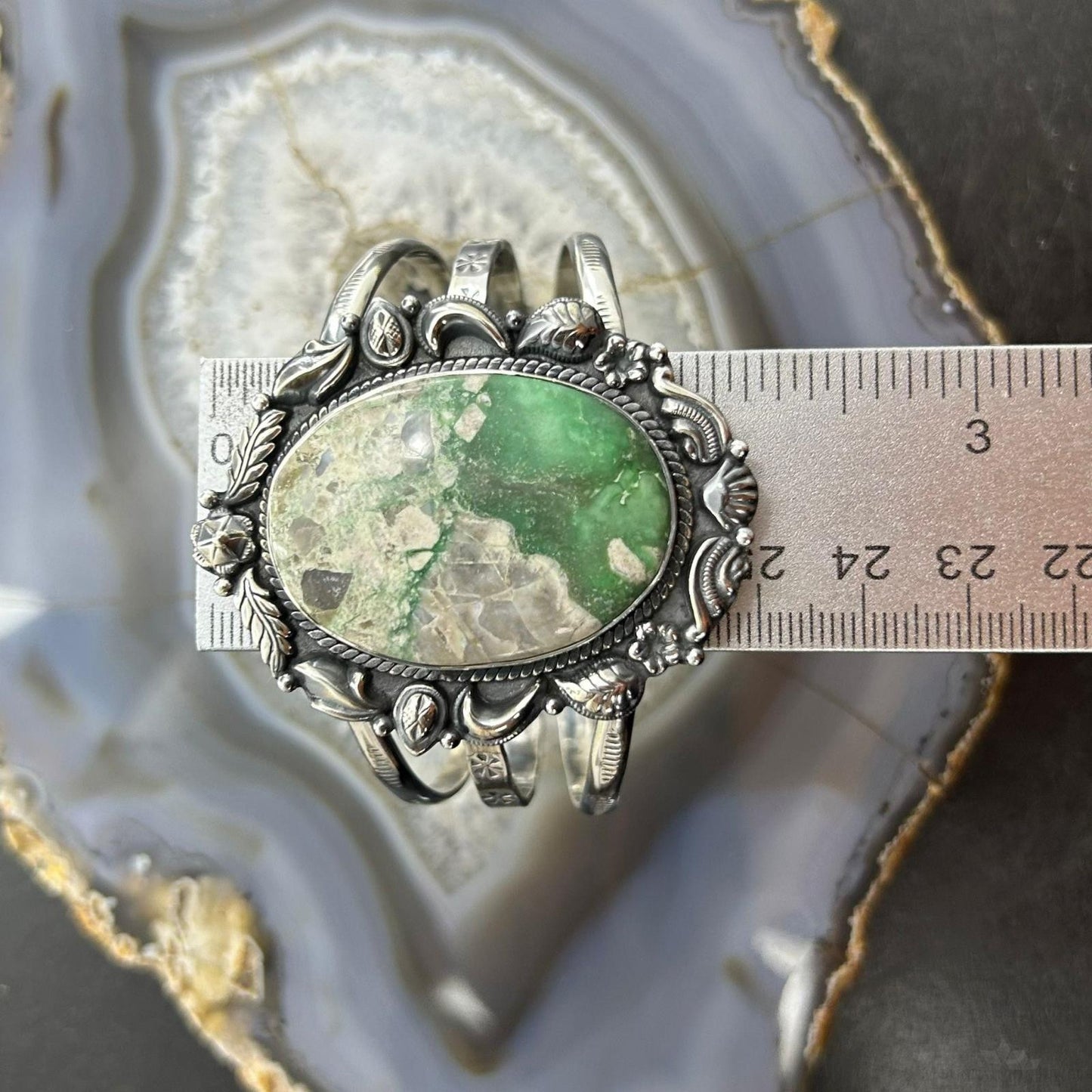 Sterling Silver Southwestern Style Large Oval Variscite Decorated Bracelet For Women