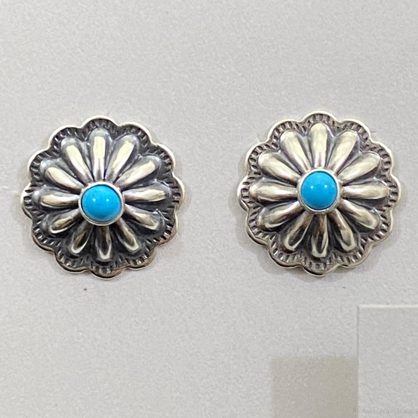 Sterling Silver Repousse Concho with Turquoise Stud Earrings For Women (1 Pair)