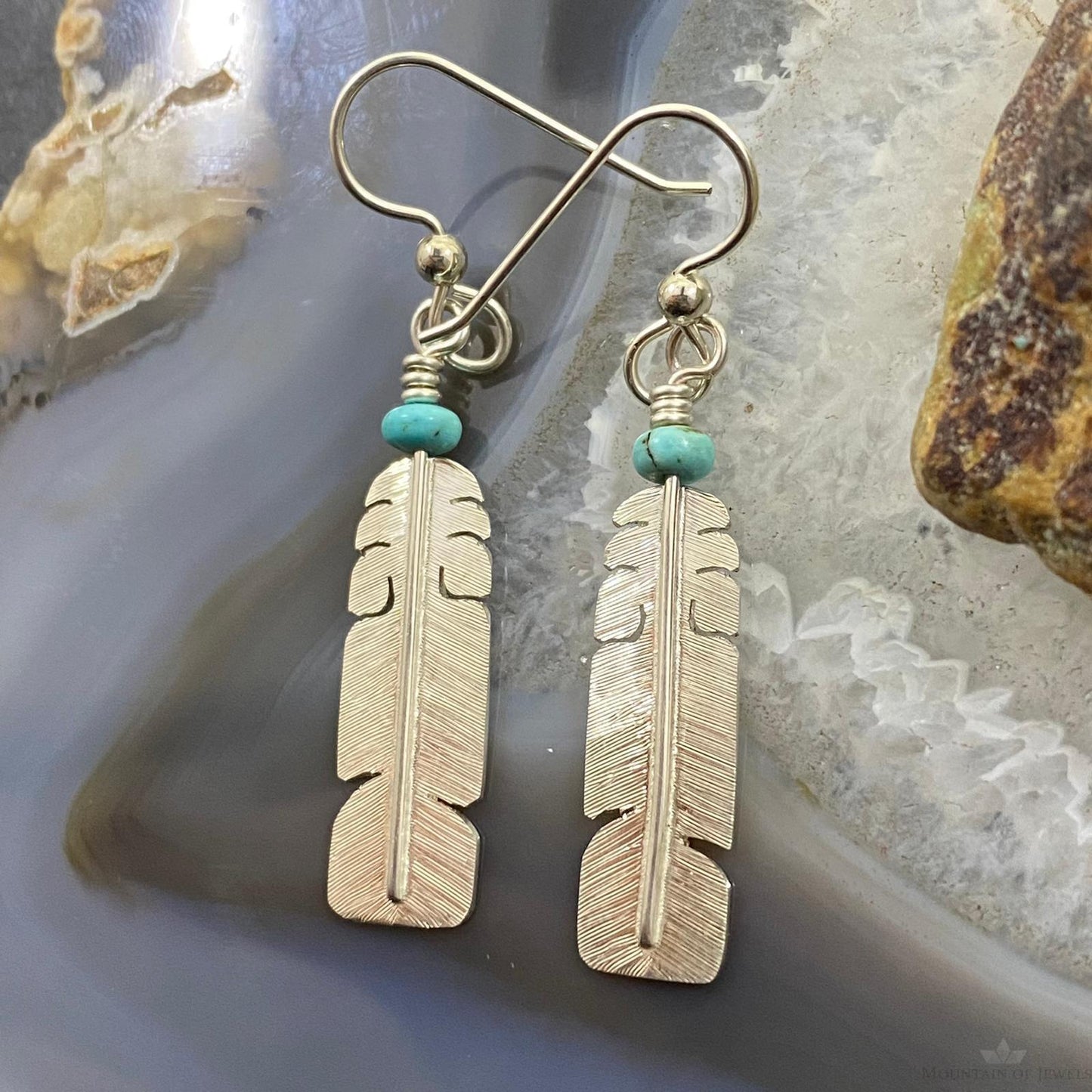 David Kuticka Native American Sterling Silver Feather w/Turq Dangle Earrings #2
