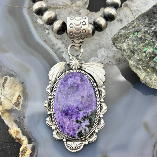 Sterling Silver Southwestern Style Oval Charoite Decorated Pendant For Women #1