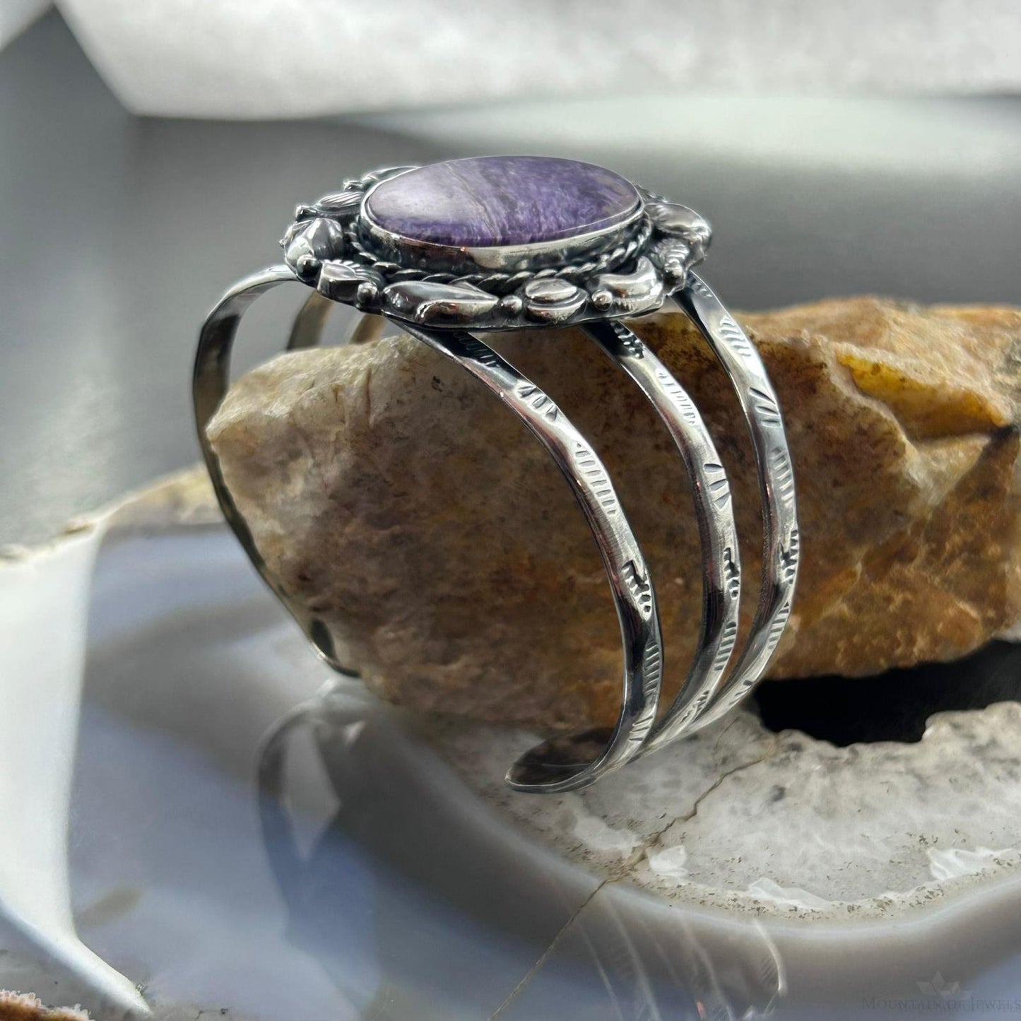 Sterling Silver Southwestern Style Large Oval Charoite Decorated Bracelet For Women