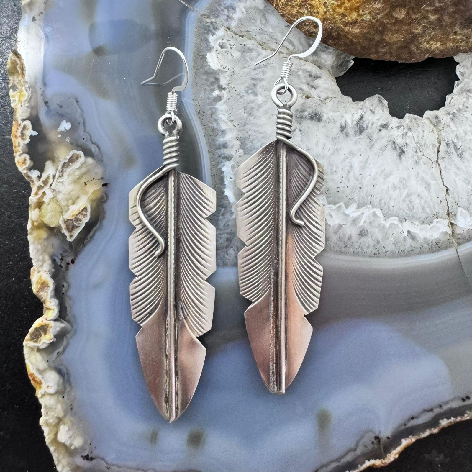 Chris Charley Native American sold Sterling Silver Feather Dangle Earrings For Women