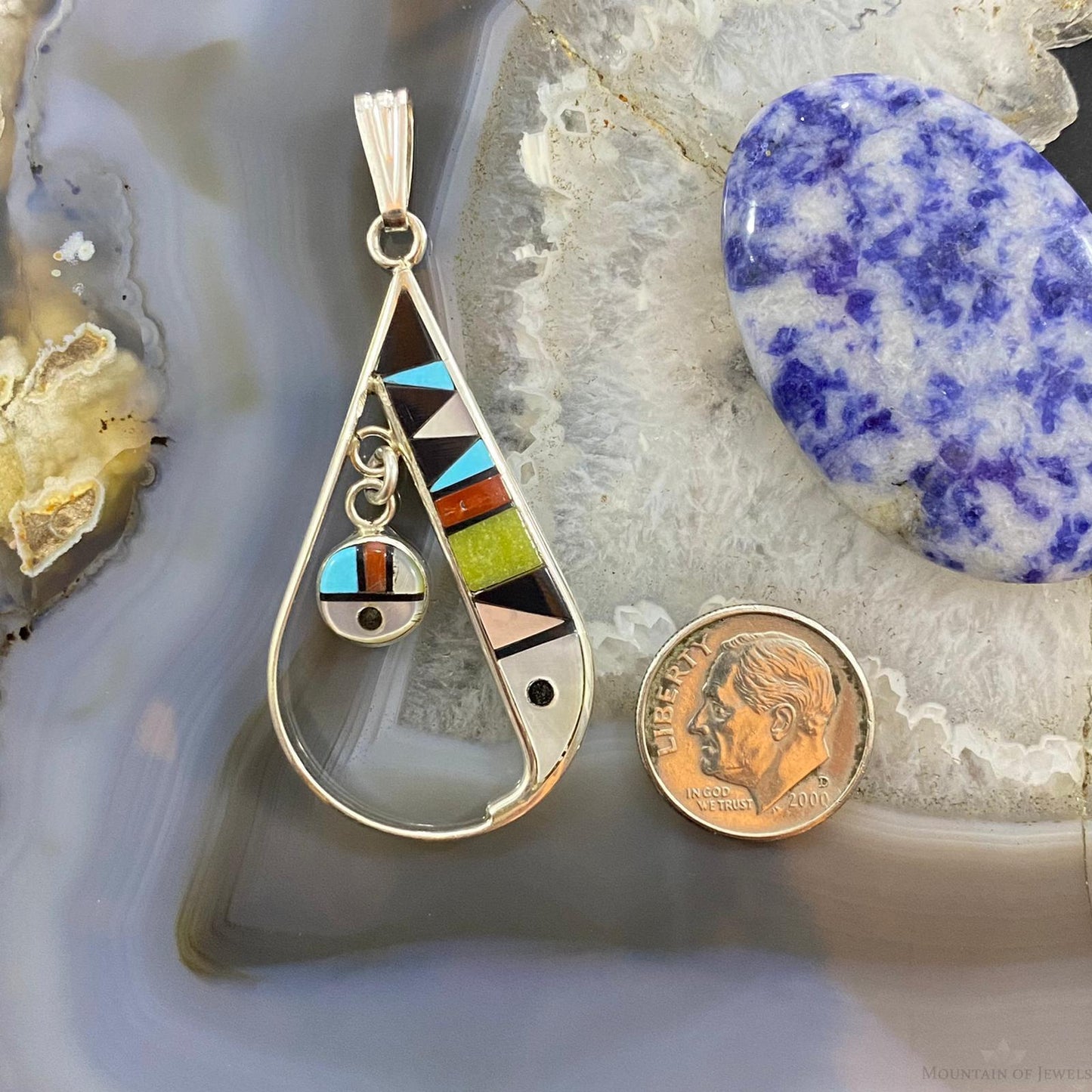 Sheryl Edaakie Zuni Sterling Silver Multistone Inlay Teardrop Pendant #1