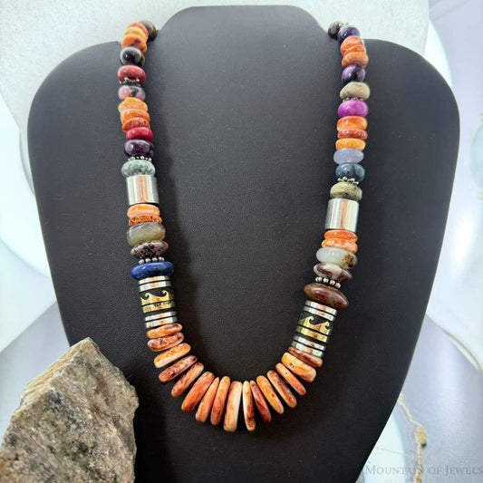 Tommy & Rosita Singer Sterling Silver Spiny Oyster & Multistone Beads 20" Necklace For Women