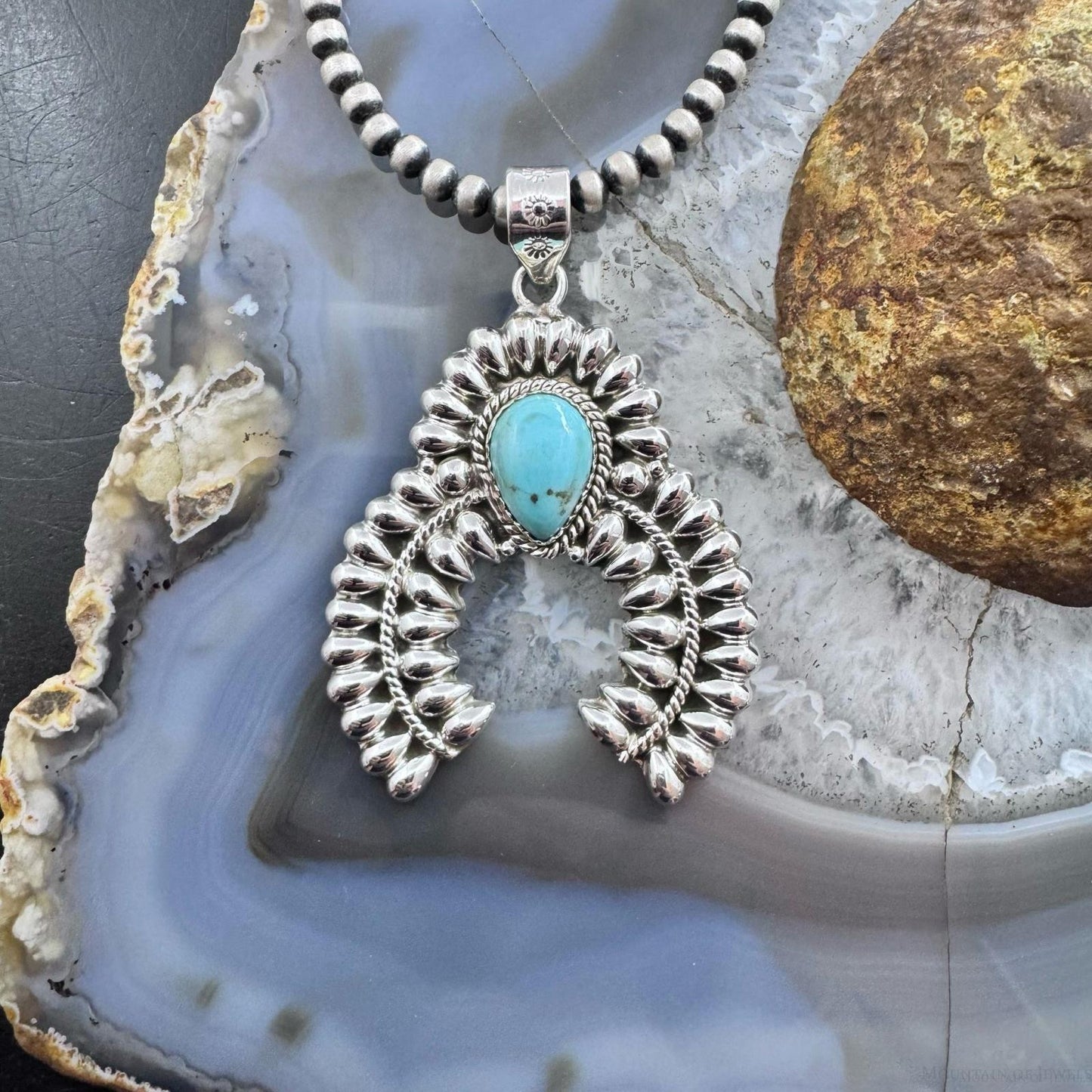 Sterling Silver Southwestern Style Teardrop Turquoise Decorated Unisex Naja Pendant