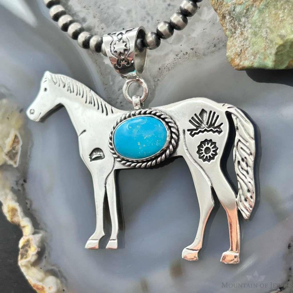 Sterling Silver Turquoise Stamped w/Indigenous Symbols Horse Unisex Pendant