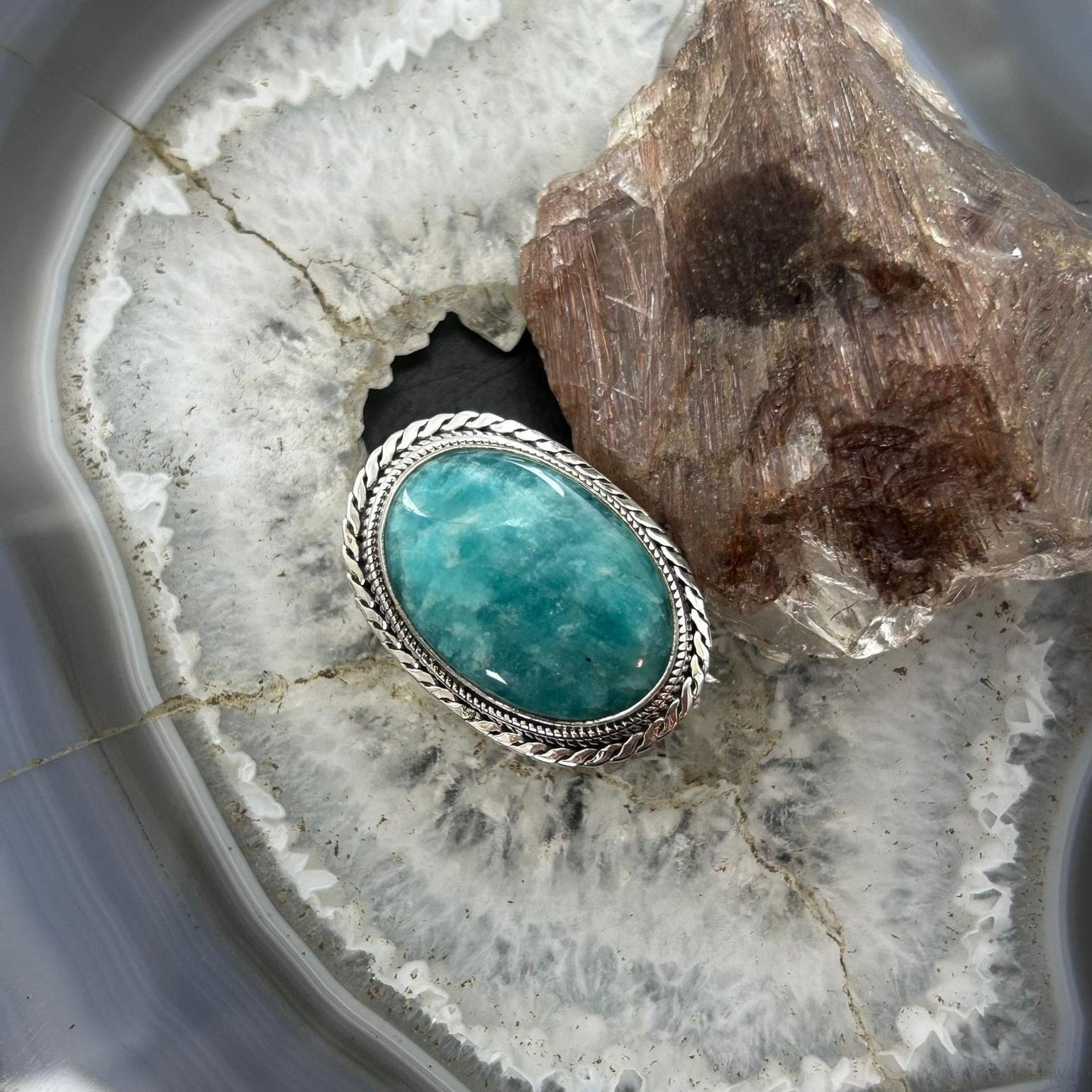 Sterling Silver Southwestern Style Oval Amazonite Ring Size 7.75 For Women
