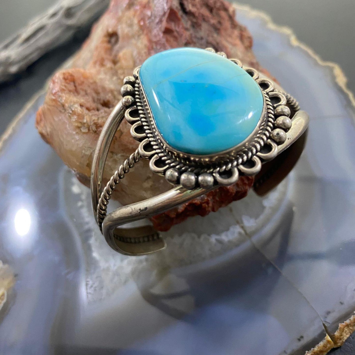 Vintage Native American Sterling Silver Turquoise Decorated Split Shank Bracelet