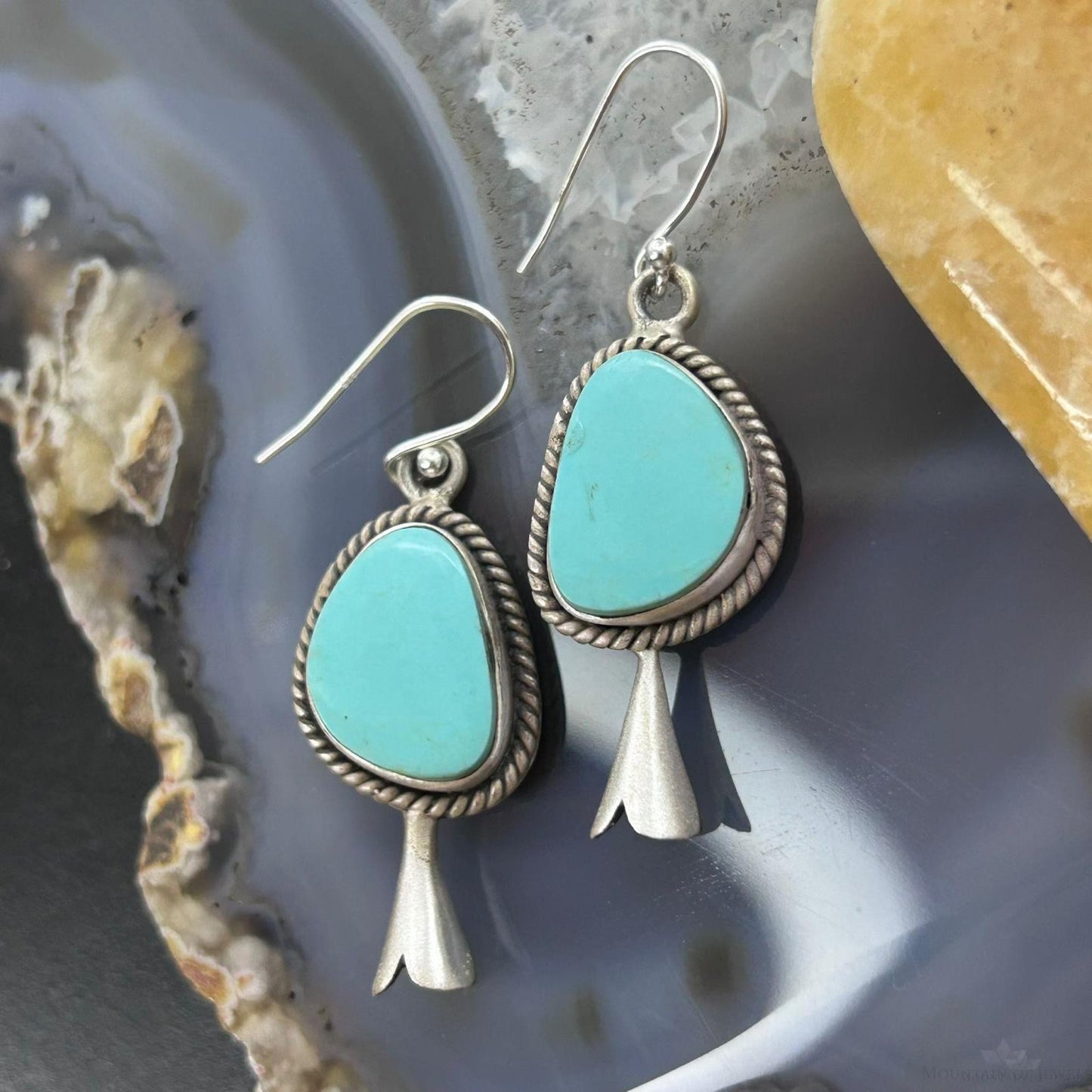 Sterling Silver Southwestern Style Turquoise Squash Blossom Dangle Earrings For Women #3