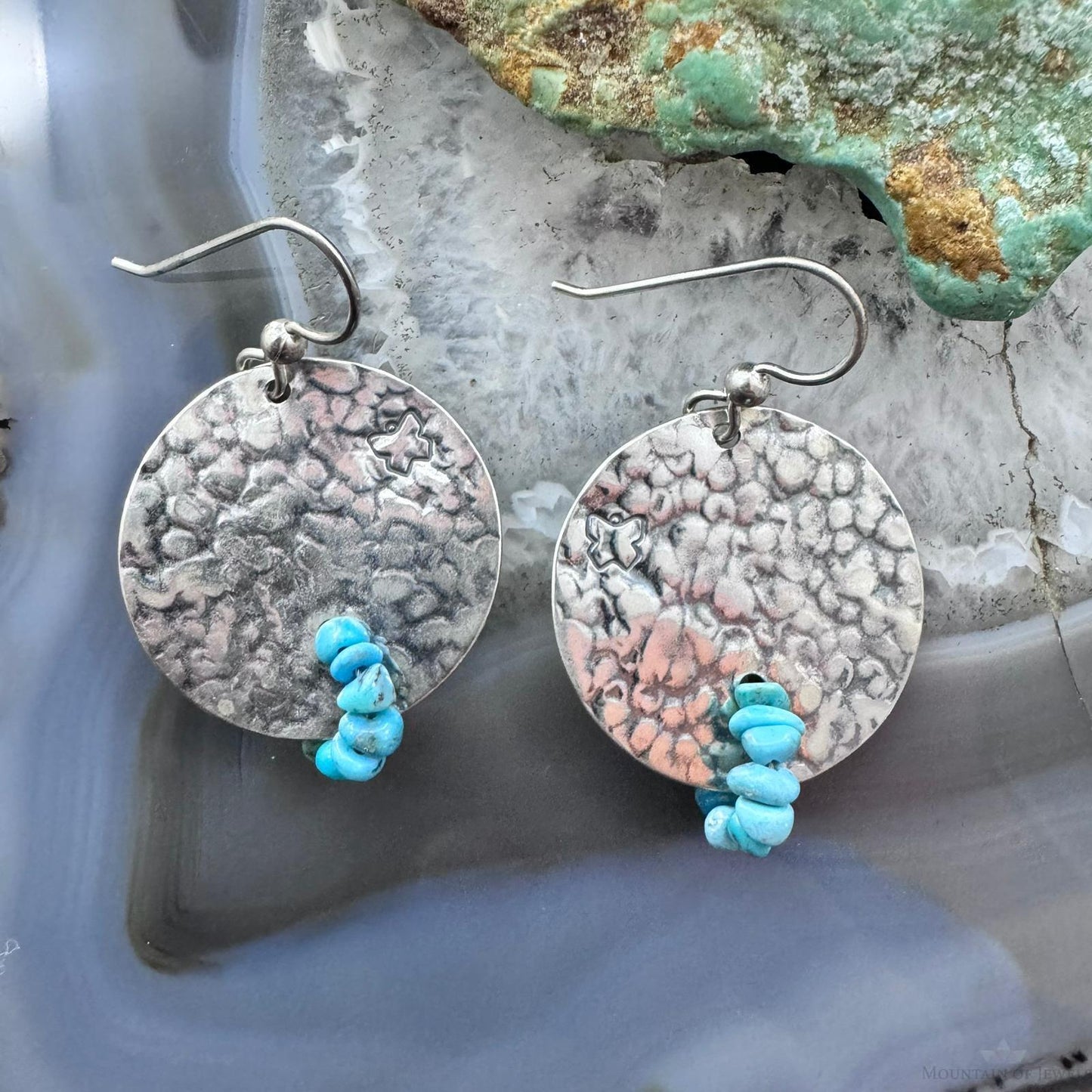Carolyn Pollack Sterling Silver Hammered Disk With Turquoise Beads Dangle Earrings For Women