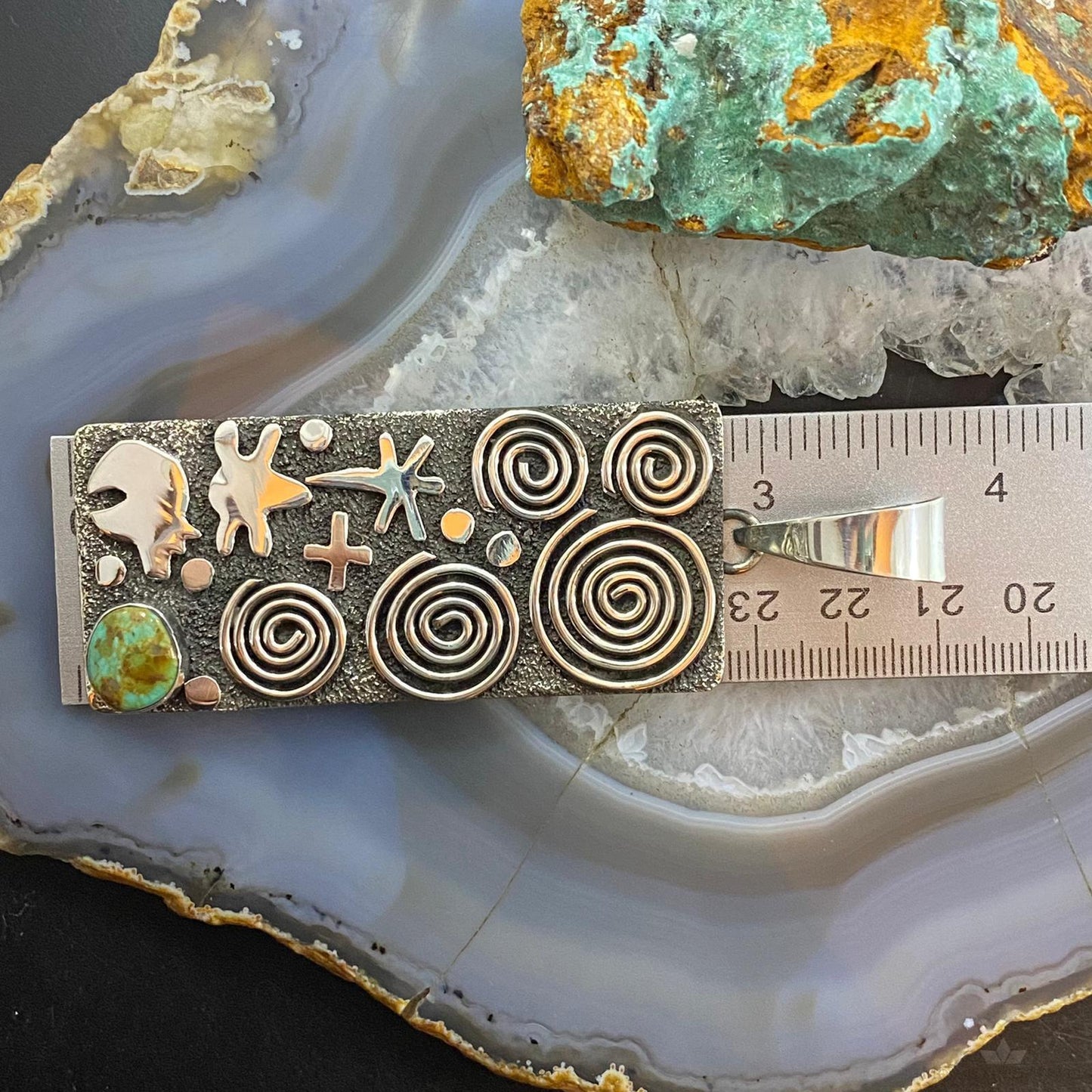 Alex Sanchez Sterling Silver Turquoise Rectangle Petroglyph Unisex Pendant