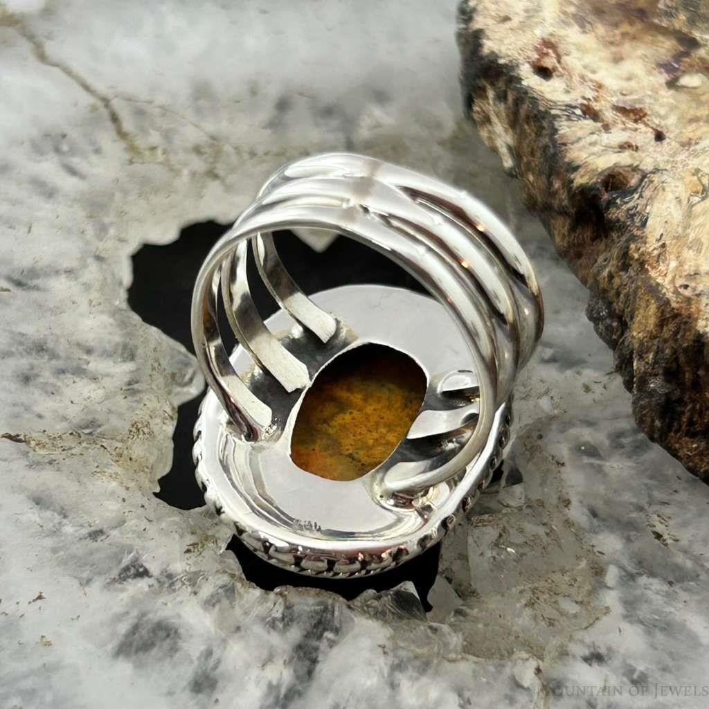 Sterling Silver Southwestern Style Oval Yellow Jasper Decorated Ring Size 6.75 For Women