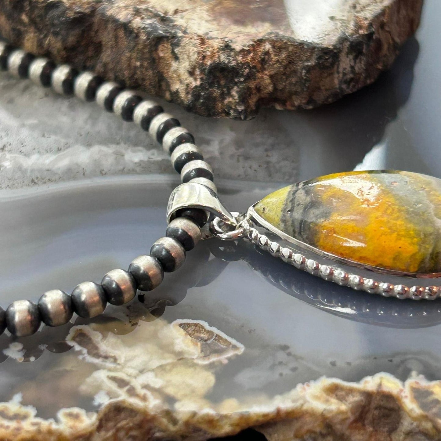 Sterling Silver Southwestern Style Teardrop Yellow Jasper Pendant For Women