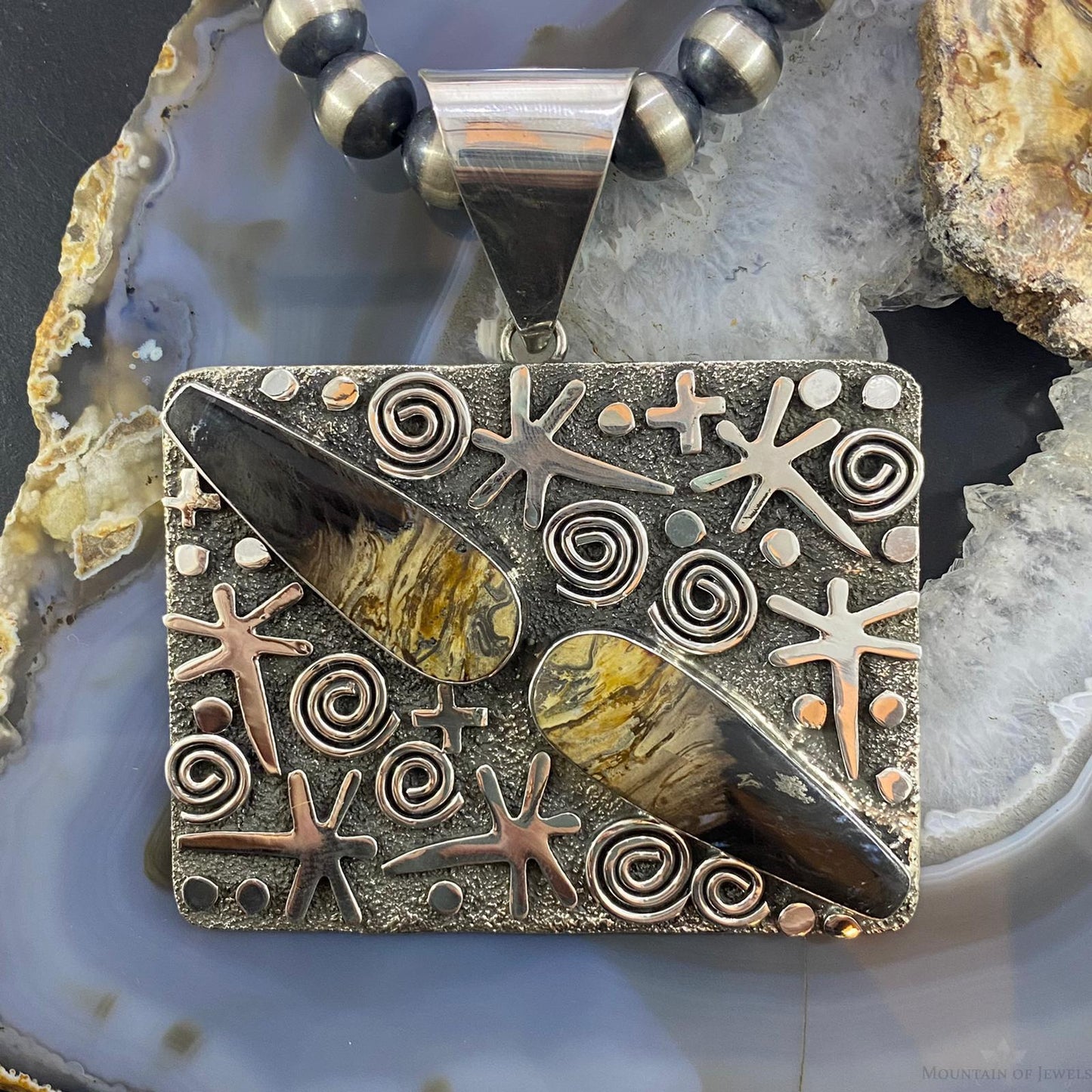 Alex Sanchez Native American Sterling Silver Teardrop Plum Root Jasper Rectangle Petroglyph Pendant