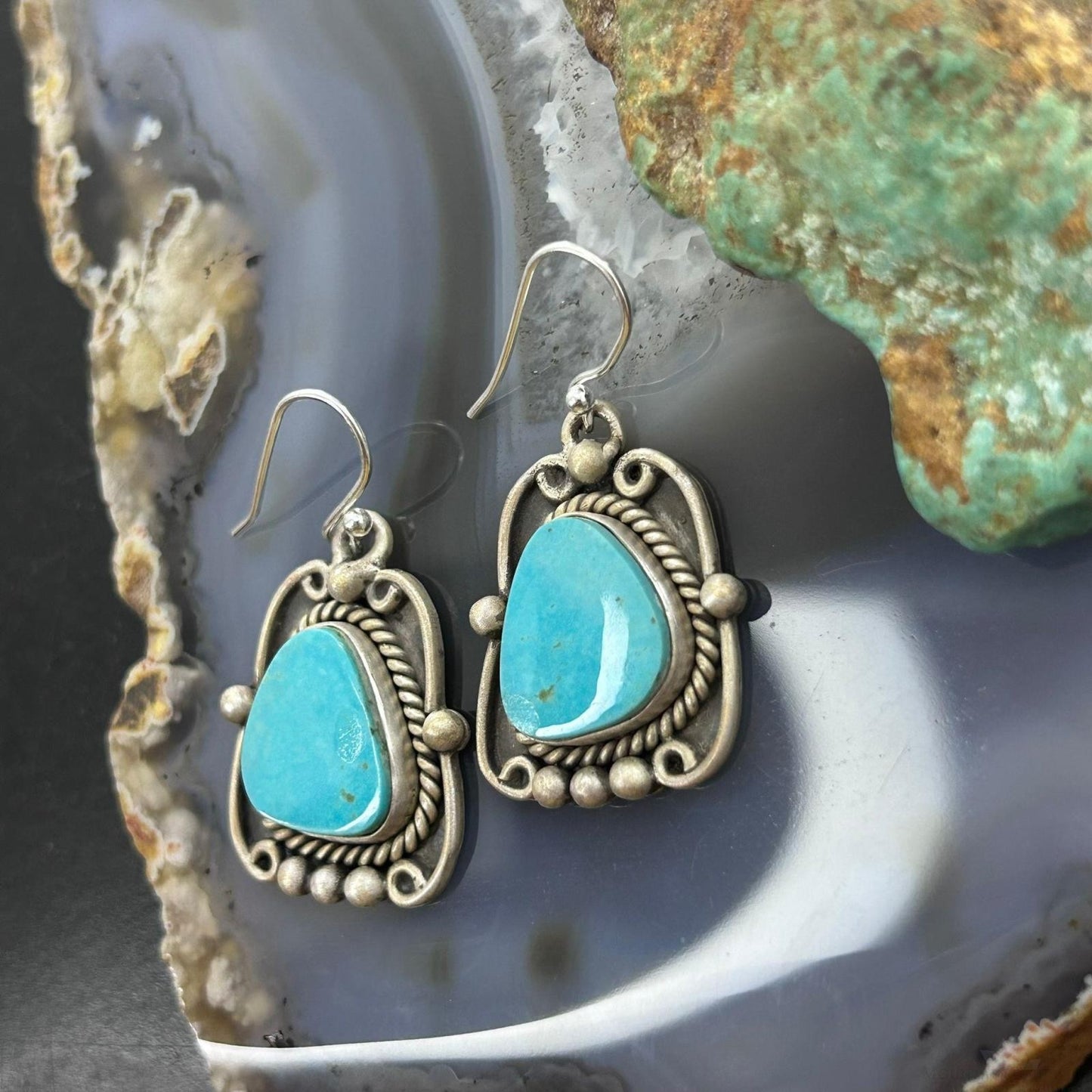 Sterling Silver Southwestern Style Turquoise Decorated Dangle Earrings For Women #3