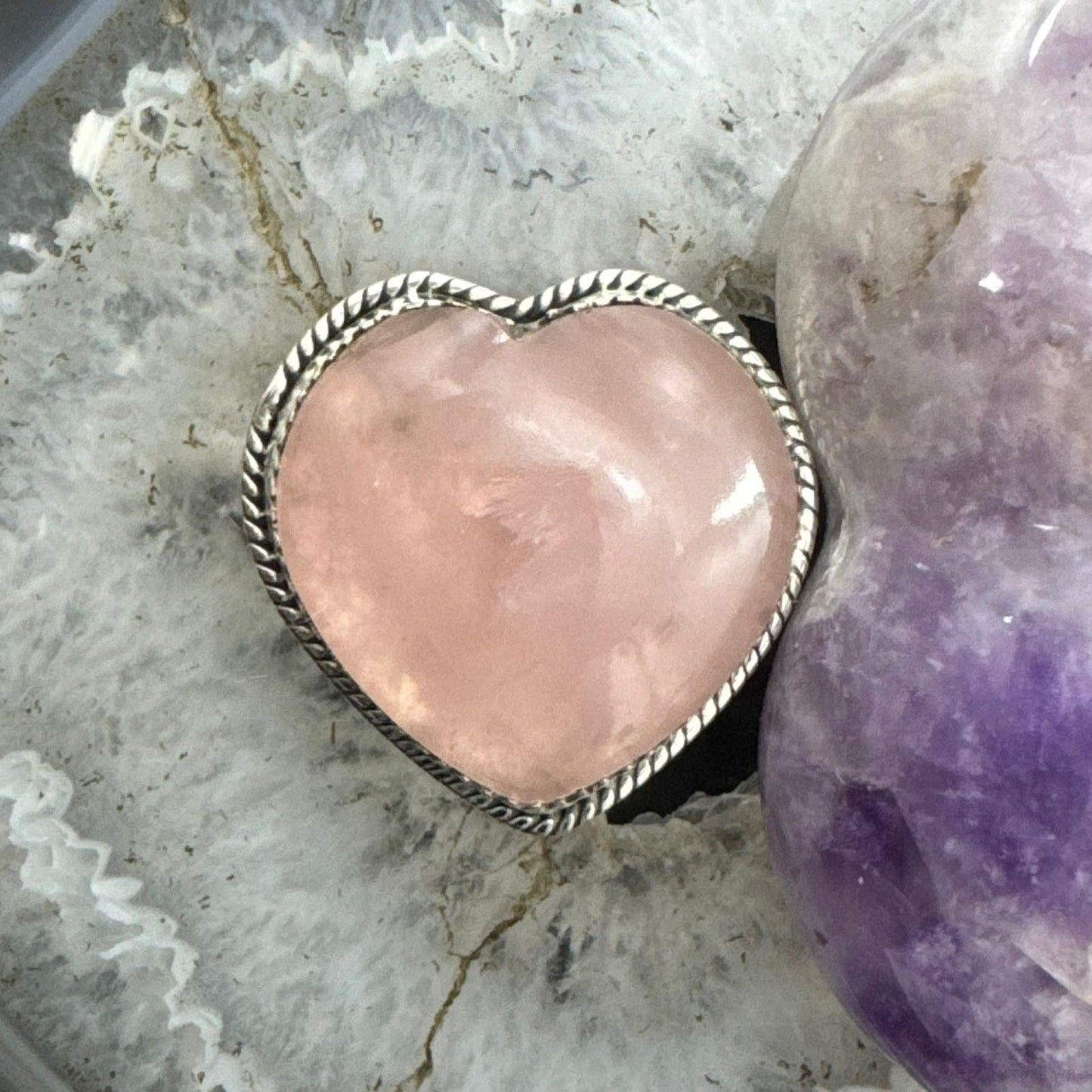 Sterling Silver Southwestern Style Pink Quartz Heart Ring For Women