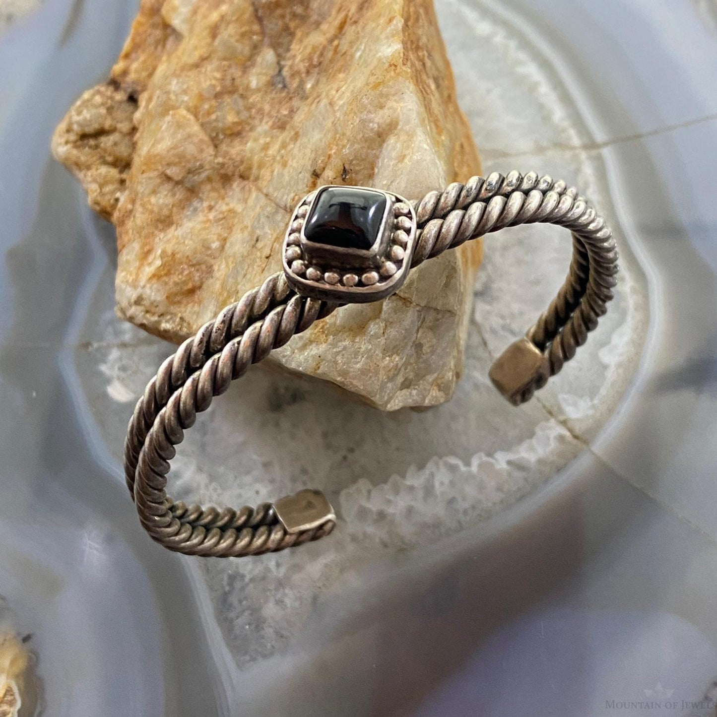 Vintage Native American Silver Square Onyx Double Coil Bracelet For Women