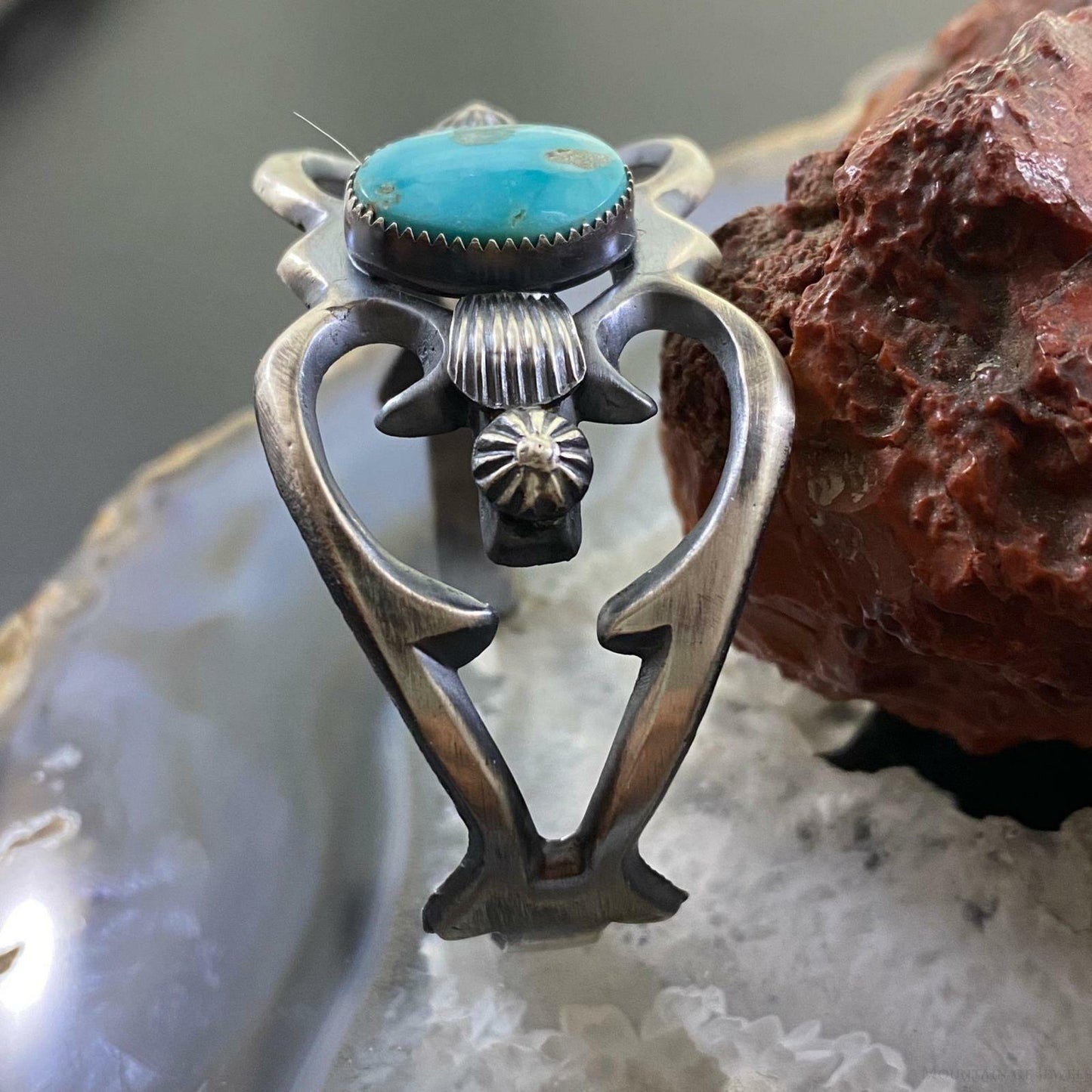 Native American Sterling Silver Turquoise Sand Cast Bracelet For Women