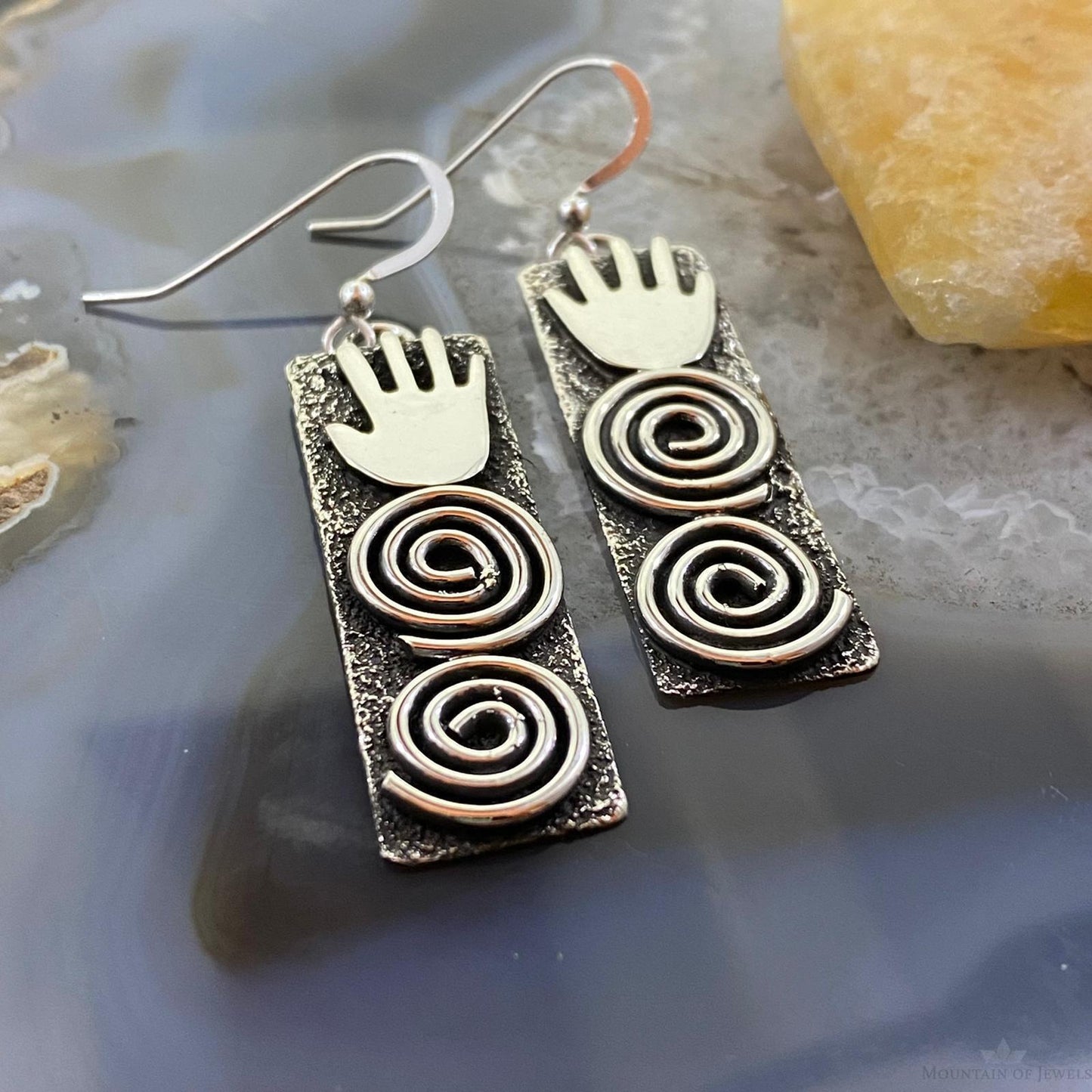 Alex Sanchez Native American Sterling Silver Long Rectangle Petroglyph Dangle Earrings For Women