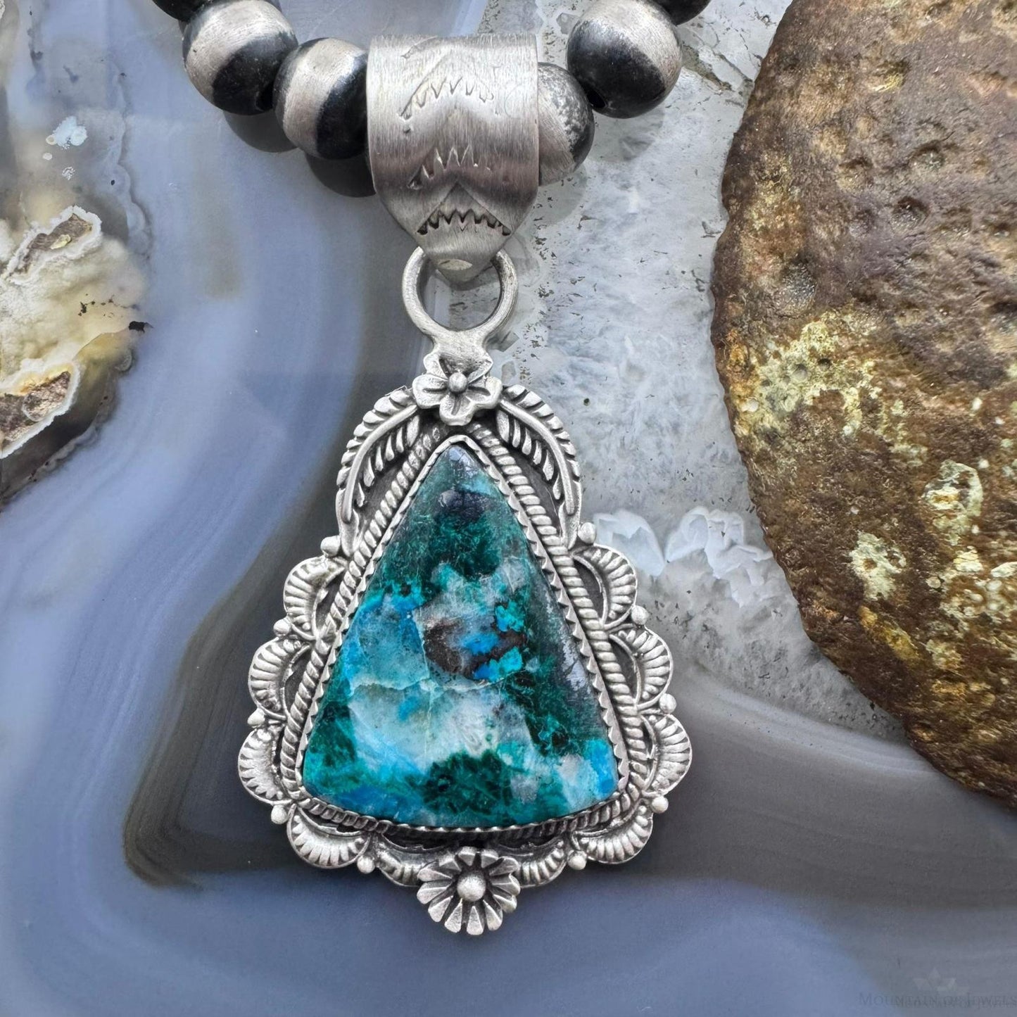 Sterling Silver Southwestern Style Triangular Shattuckite Decorated Pendant For Women