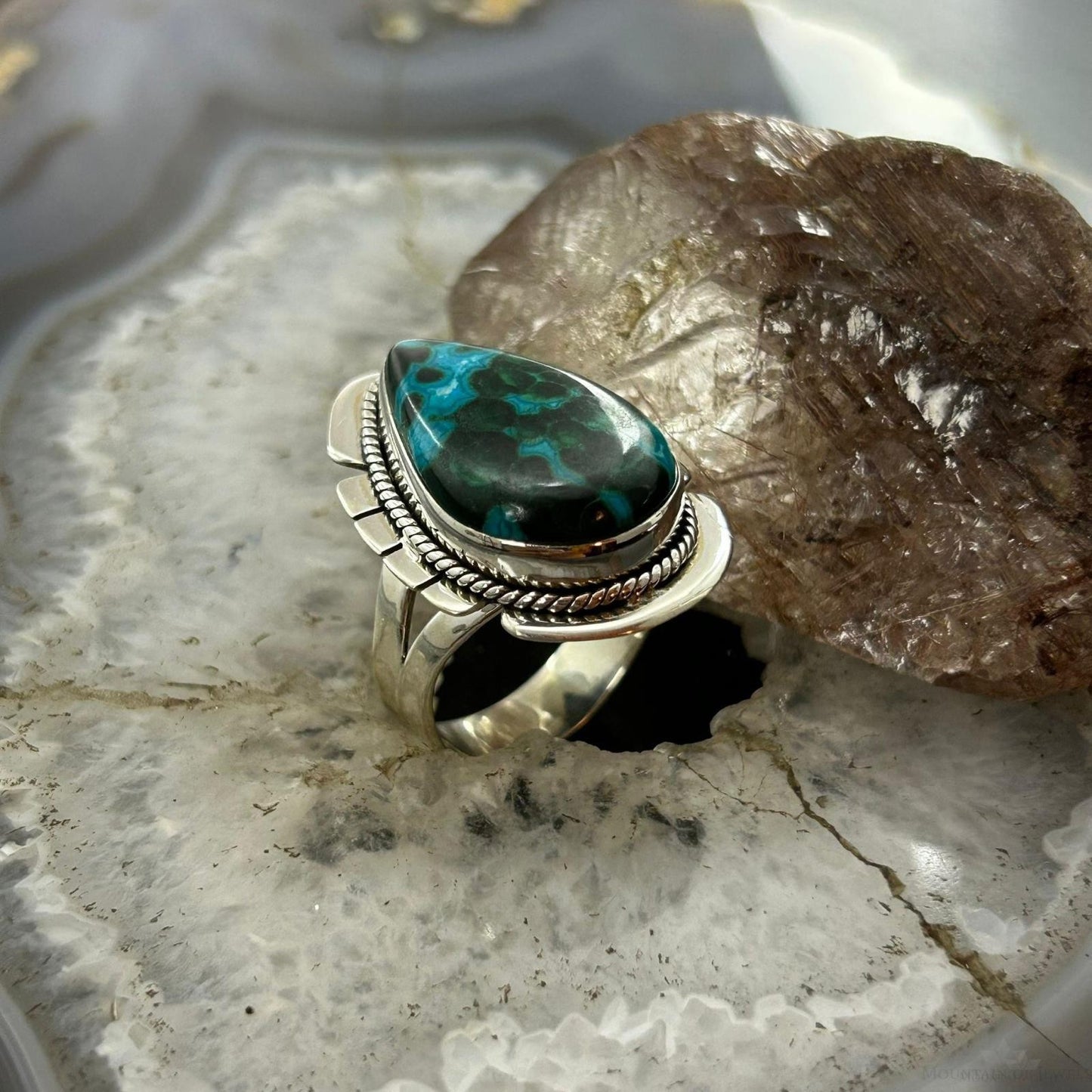 Sterling Silver Southwestern Style Teardrop Malachite Chrysocolla Ring Size 9 For Women