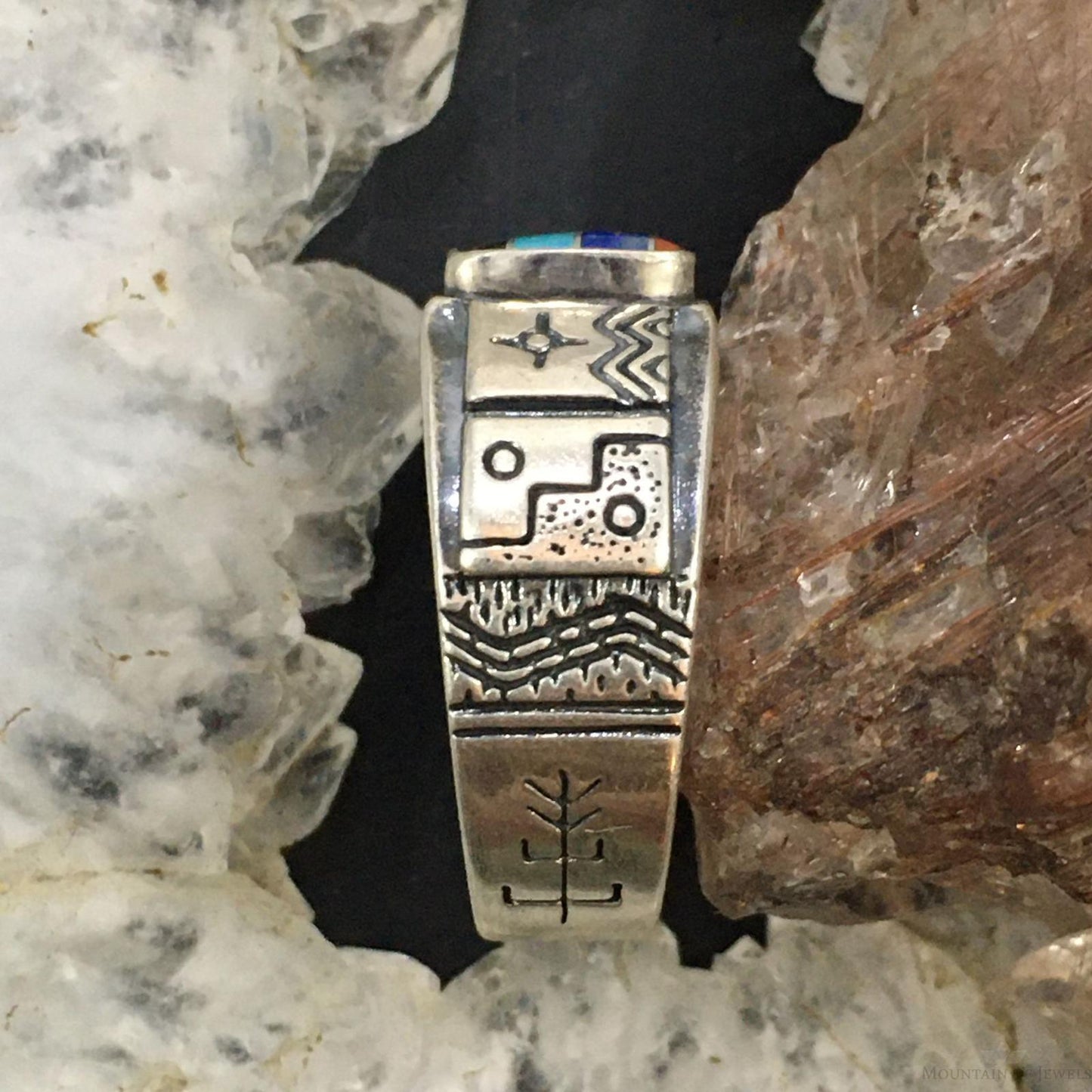 Carolyn Pollack Southwestern Style Sterling Silver Square Multistone Inlay Decorated Band Ring For Women
