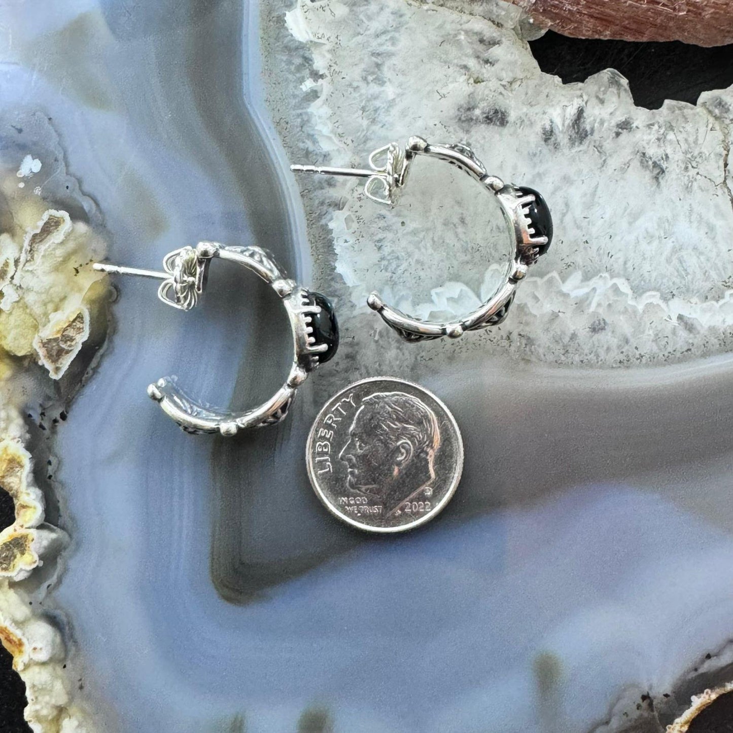 Carolyn Pollack Sterling Silver Oval Onyx Half Moon Hoop Earrings For Women