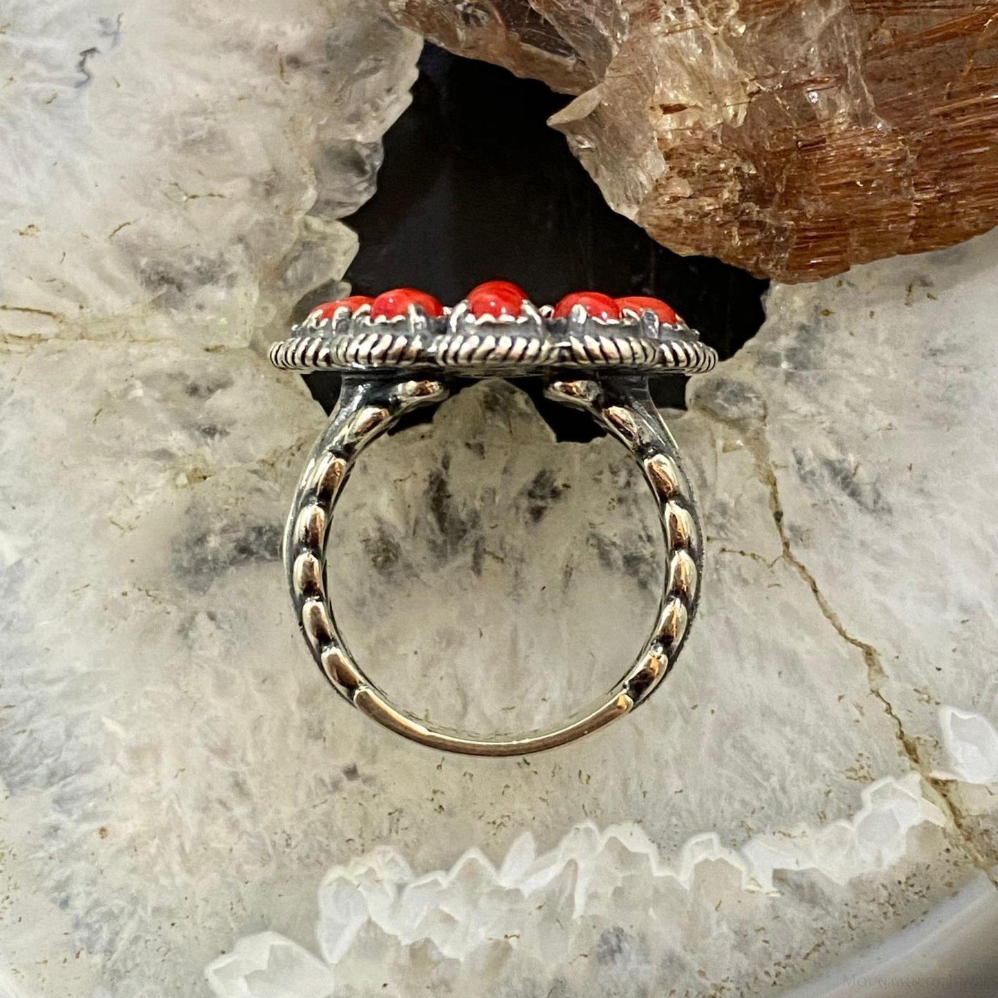 Carolyn Pollack Southwestern Style Sterling Silver Red Coral Decorated Flower Cluster Ring For Women