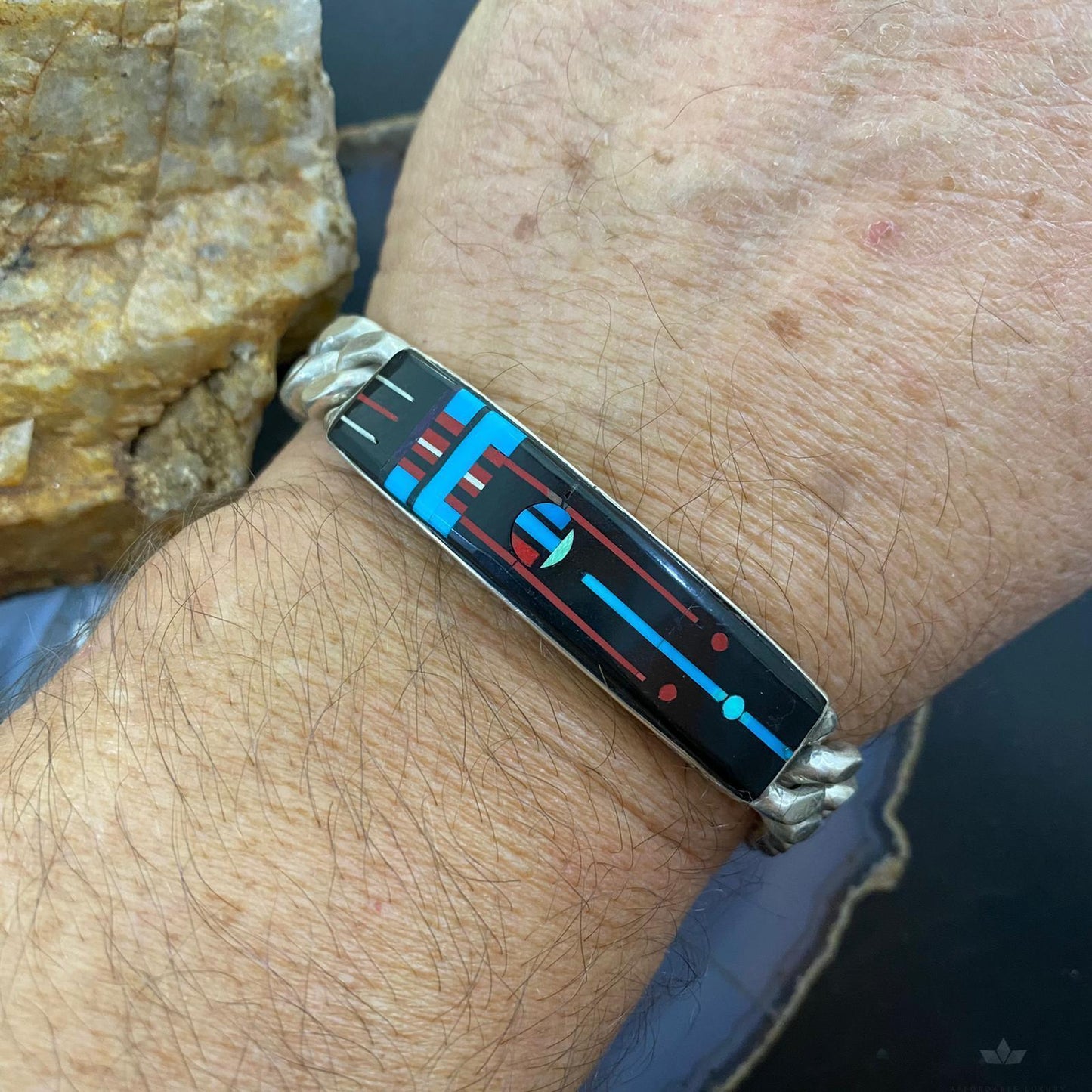 Signed Vintage Native American Silver Multi Stone Inlay Tennis Bracelet For Men