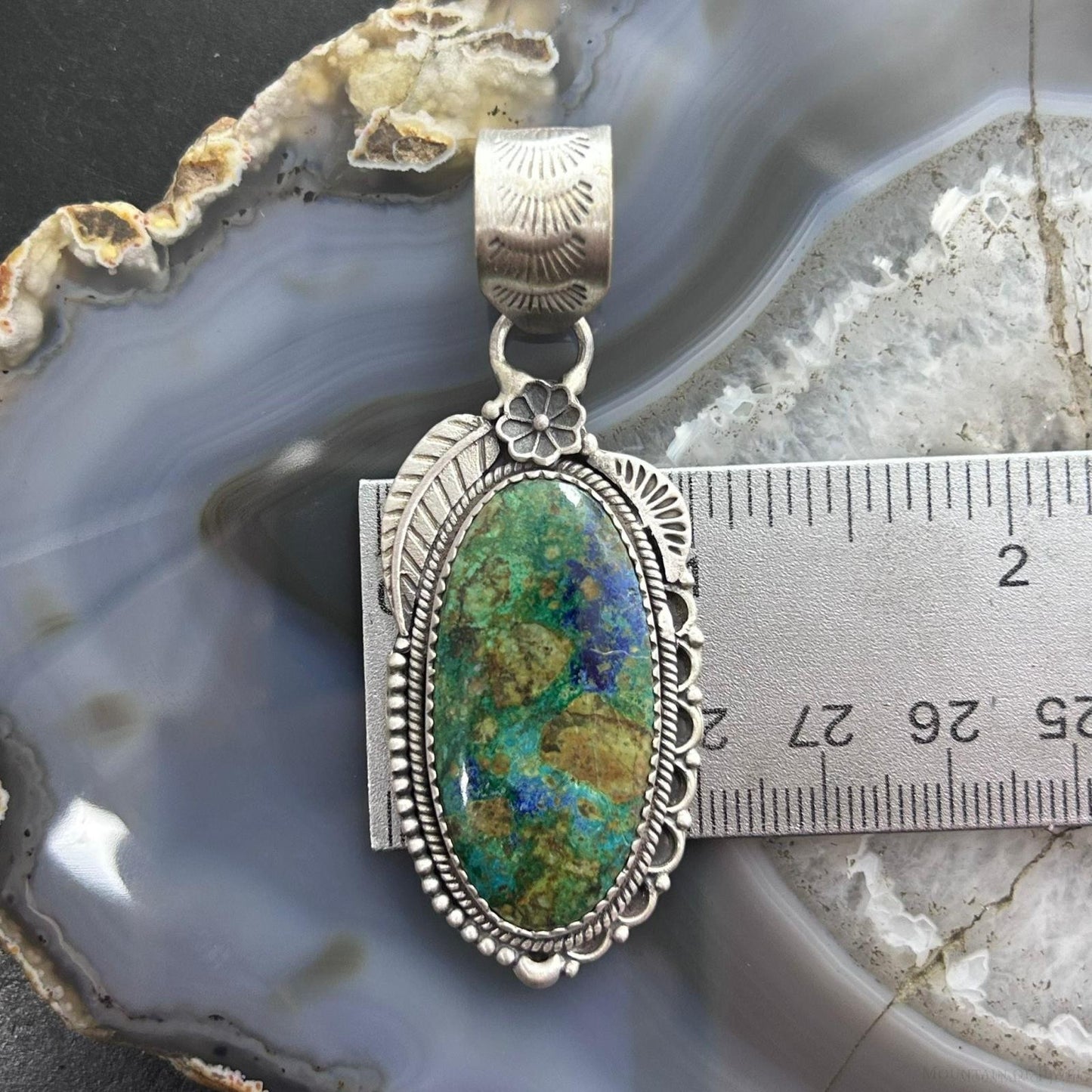 Sterling Silver Southwestern Style Elongated Chrysocolla Decorated Pendant For Women