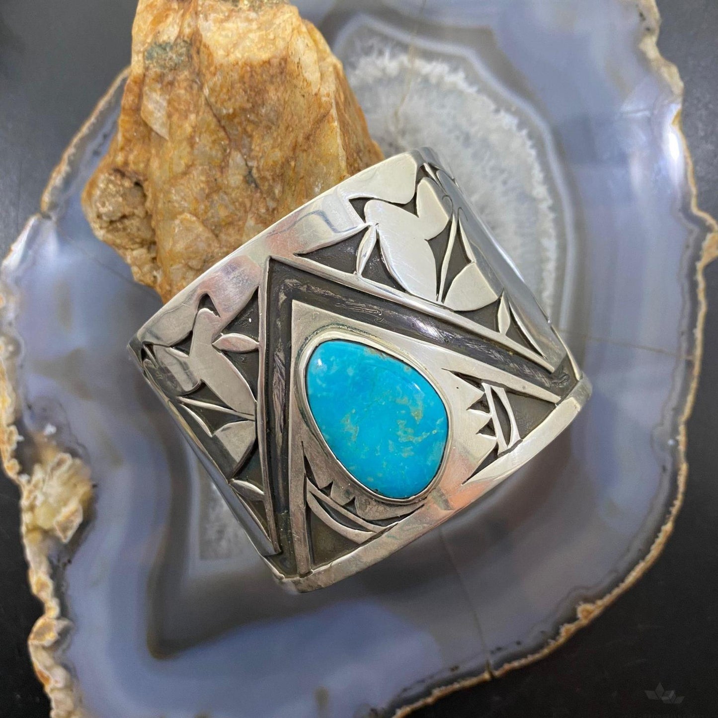 Signed Native American Sterling Turquoise Wide Overlay Cuff Bracelet For Women