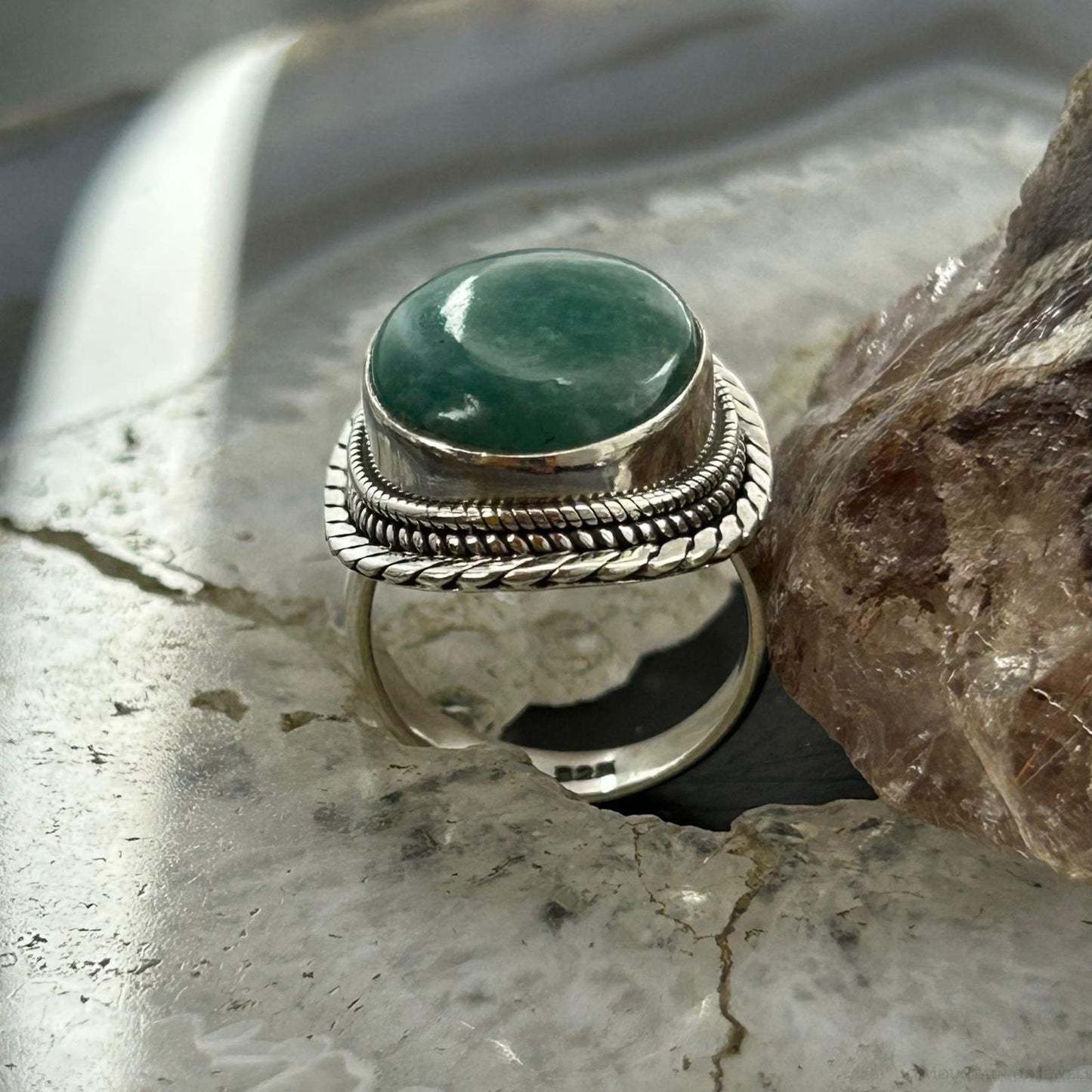 Sterling Silver Southwestern Style Oval Amazonite Decorated Ring Size 7 For Women