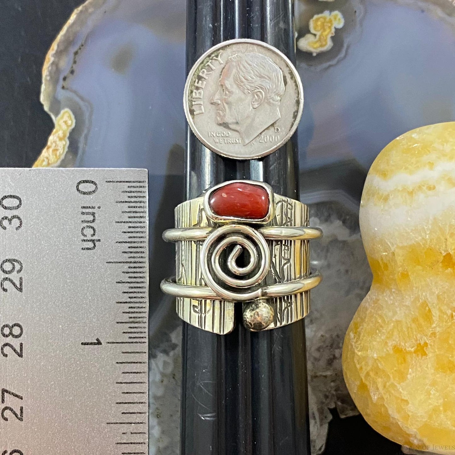 Alex Sanchez Sterling Silver Coral Unique Petroglyph Band Ring Sz 8.75 For Women