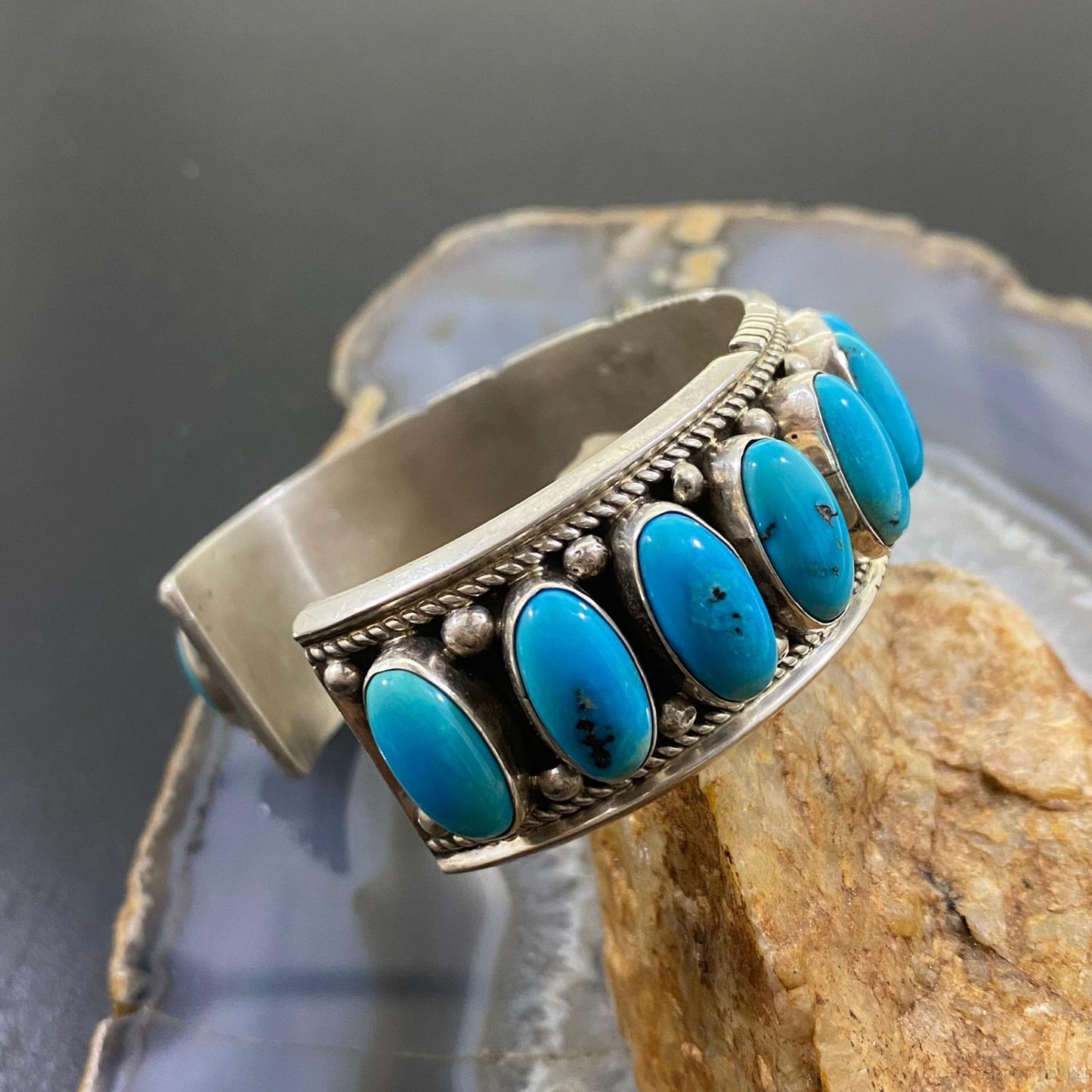 Vintage Native American Sterling Silver Oval Turquoise Row Bracelet For Men