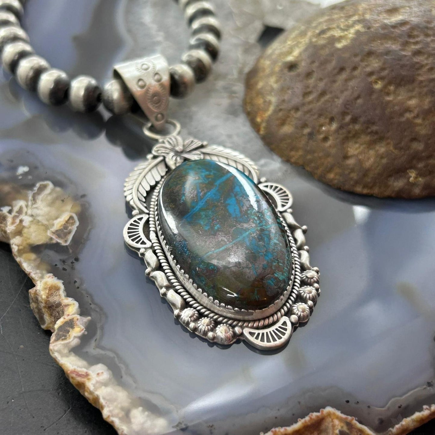 Sterling Silver Southwestern Style Large Oval Shattuckite Pendant For Women