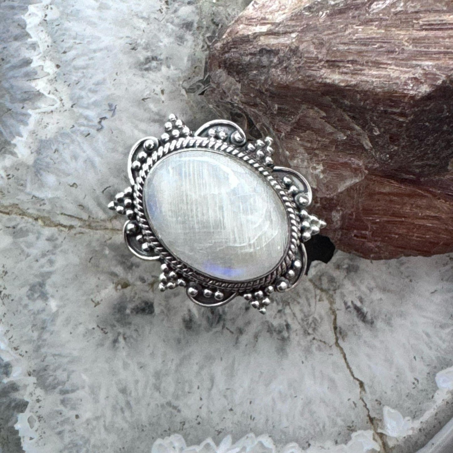 Sterling Silver Southwestern Style Oval Moonstone Decorated Ring Size 9 For Women