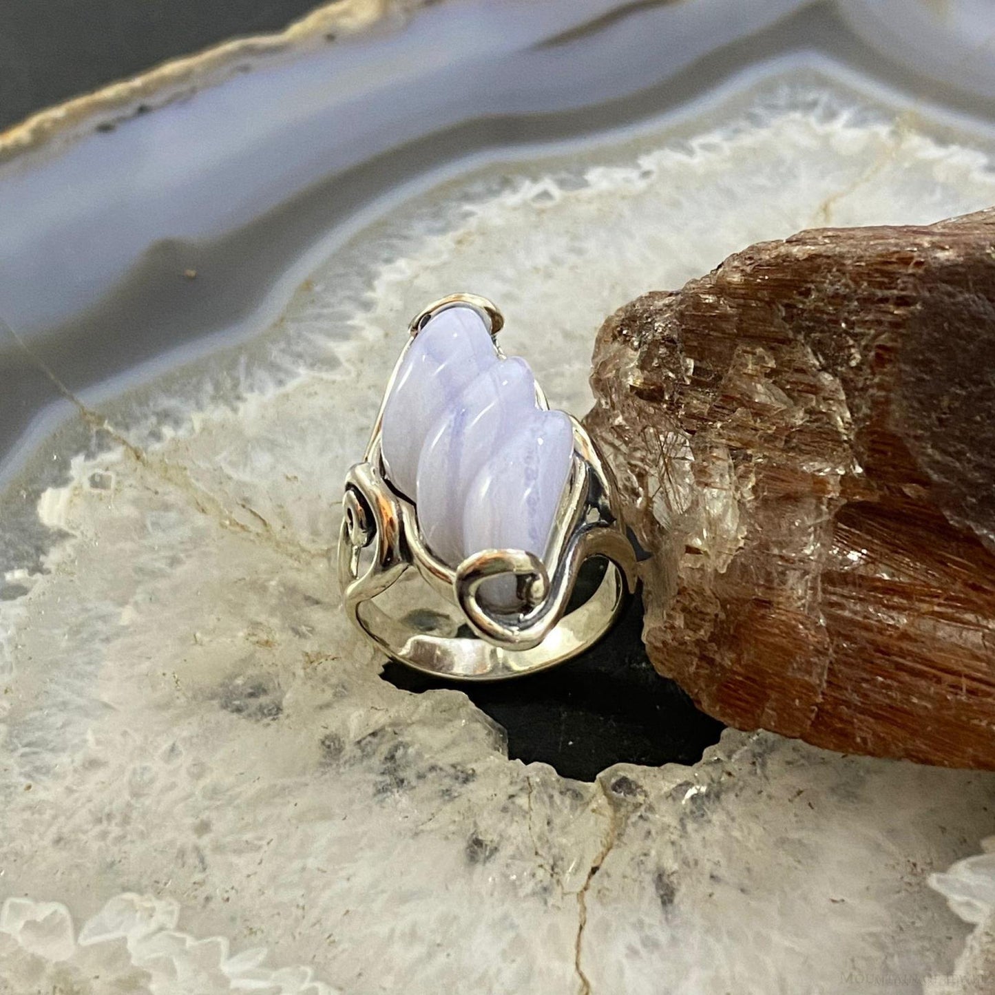 Carolyn Pollack Southwestern Style Sterling Silver Spiral Blue Lace Agate Decorated Ring For Women, Variety of Sizes